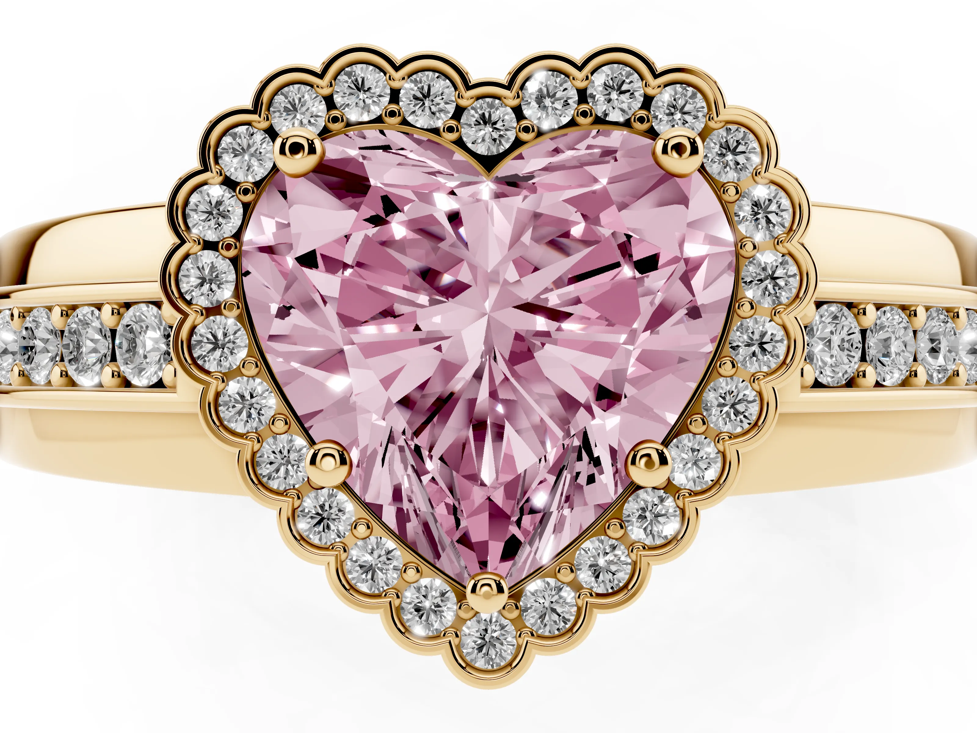 Fancy Pink Heart Cut Diamond Halo Prong Ring Set in Yellow gold with Pavé Band