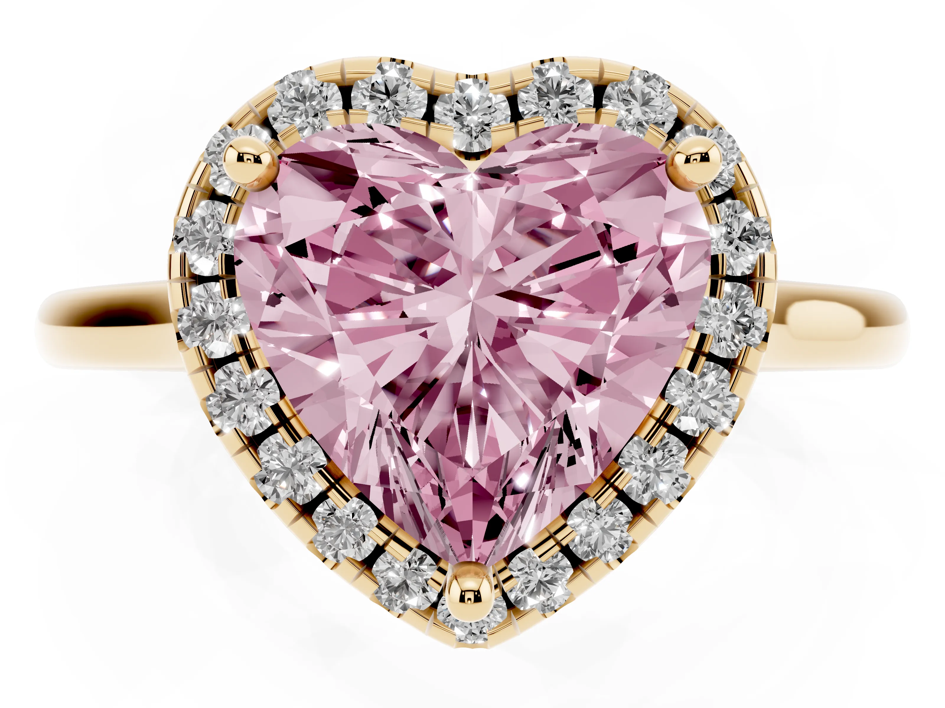 Fancy Pink Heart Cut Diamond Halo Engagement Ring Set in Yellow gold with Pavé Band and Rising Shoulders