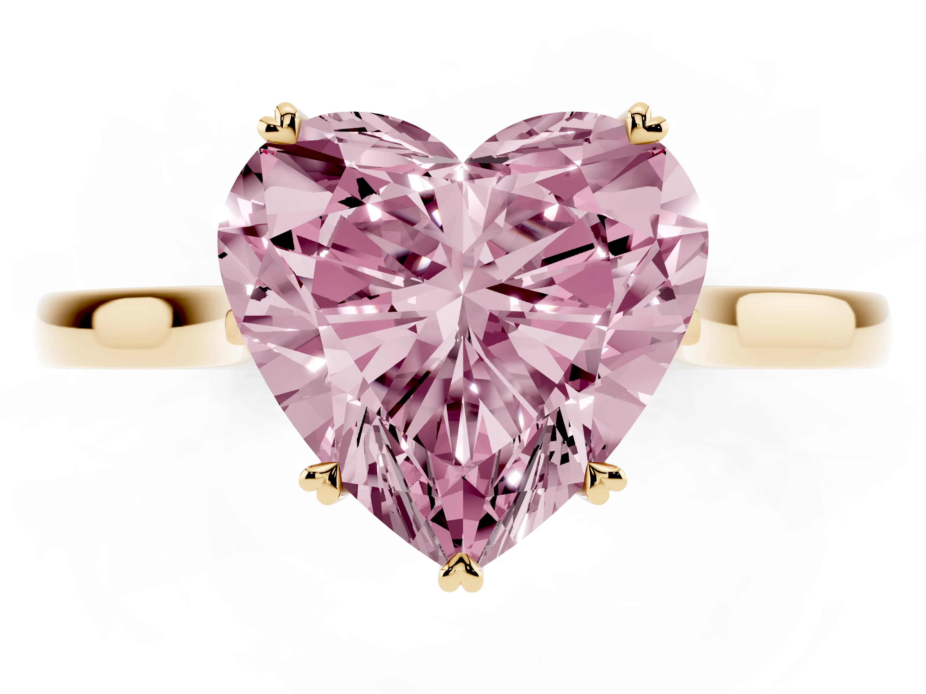Fancy Pink Heart Cut Diamond Solitaire Heart Prong Engagement Ring Set in Yellow gold with Tapered Band