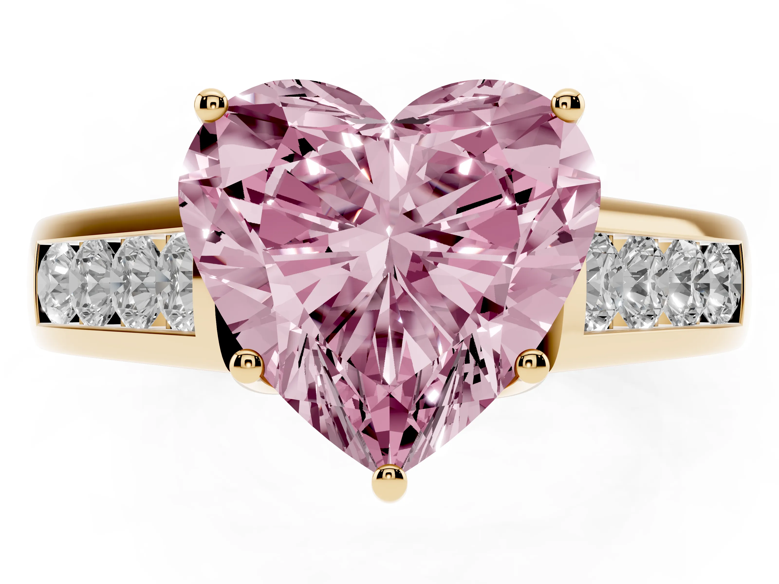 Fancy Pink Heart Cut Diamond Solitaire Channel-Set Engagement Ring Set in Yellow gold with Prong Setting