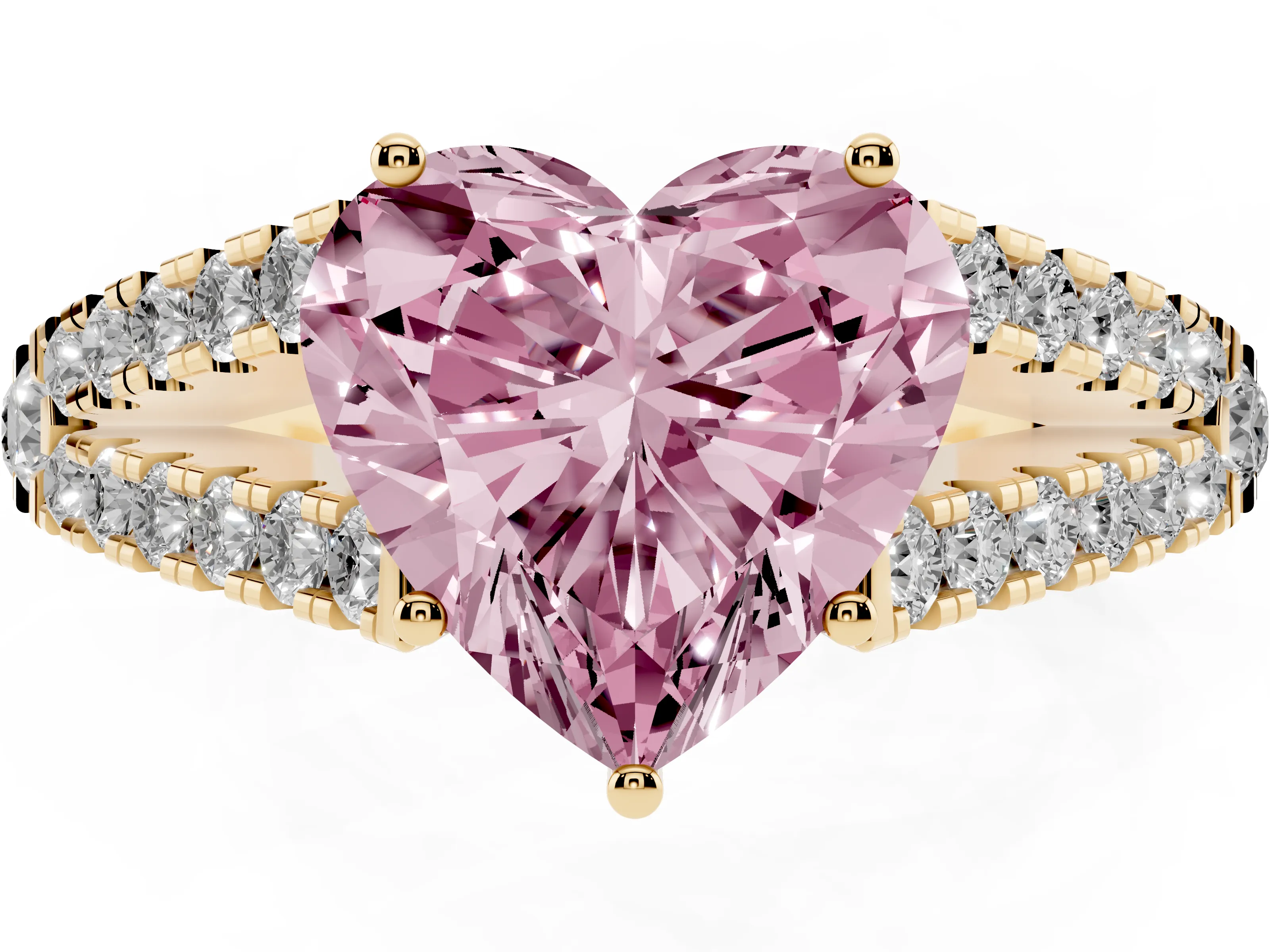 Fancy Pink Heart Cut Diamond Split Shank Pavé Engagement Ring Set in Yellow gold with Prong-Held Center Stone