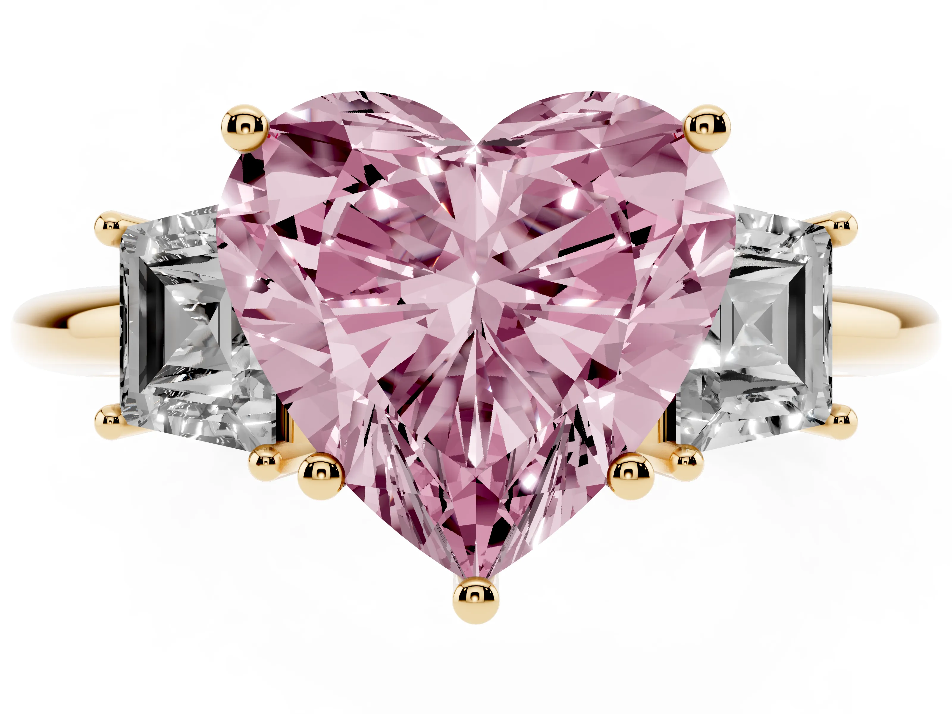 Fancy Pink Heart Cut Diamond Three-Stone Ring Set in Yellow gold with Trapezoid Side Stones and Prong Setting