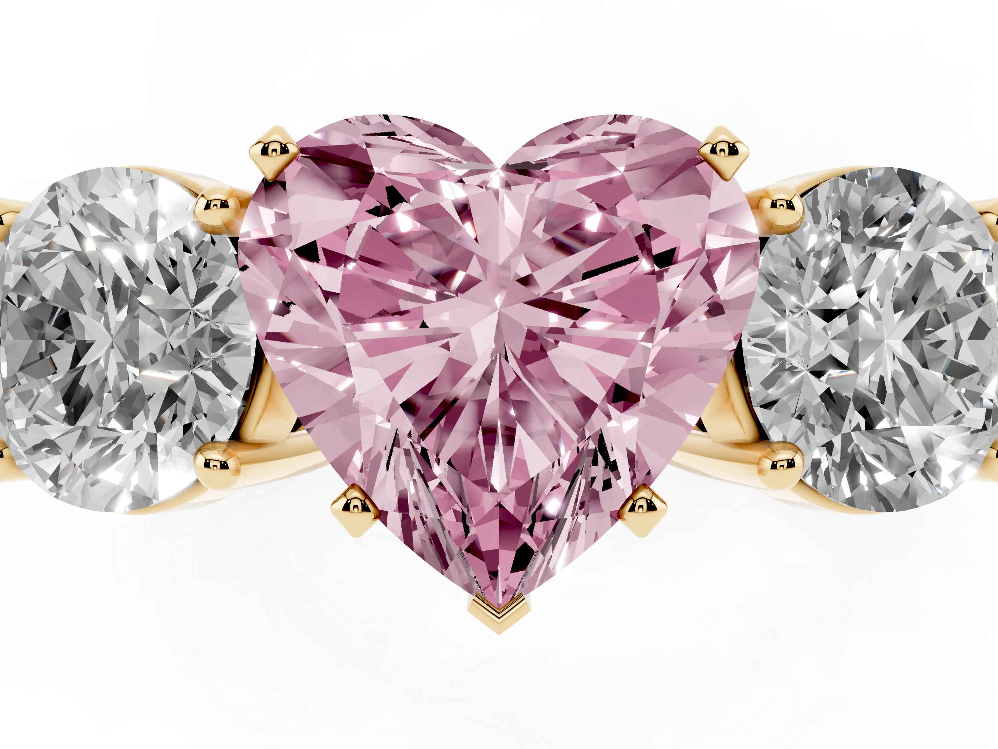 Fancy Pink Heart Cut Diamond Three-Stone Ring Set in Yellow gold with Round Side Stones and Classic Band