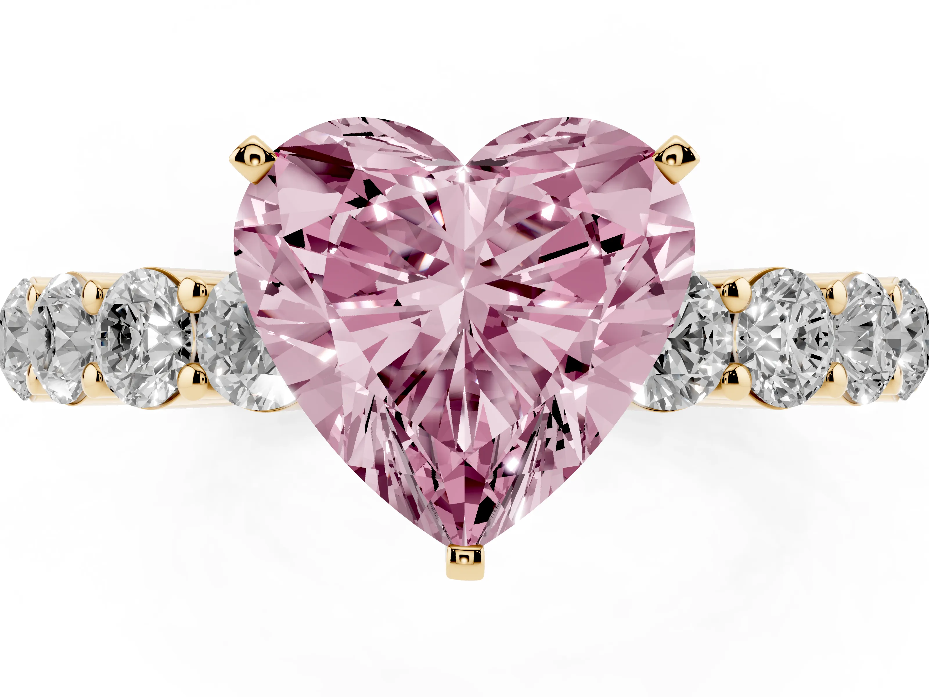 Fancy Pink Heart Cut Diamond Solitaire Ring Set in Yellow gold with Shared Prong Round Side Stones