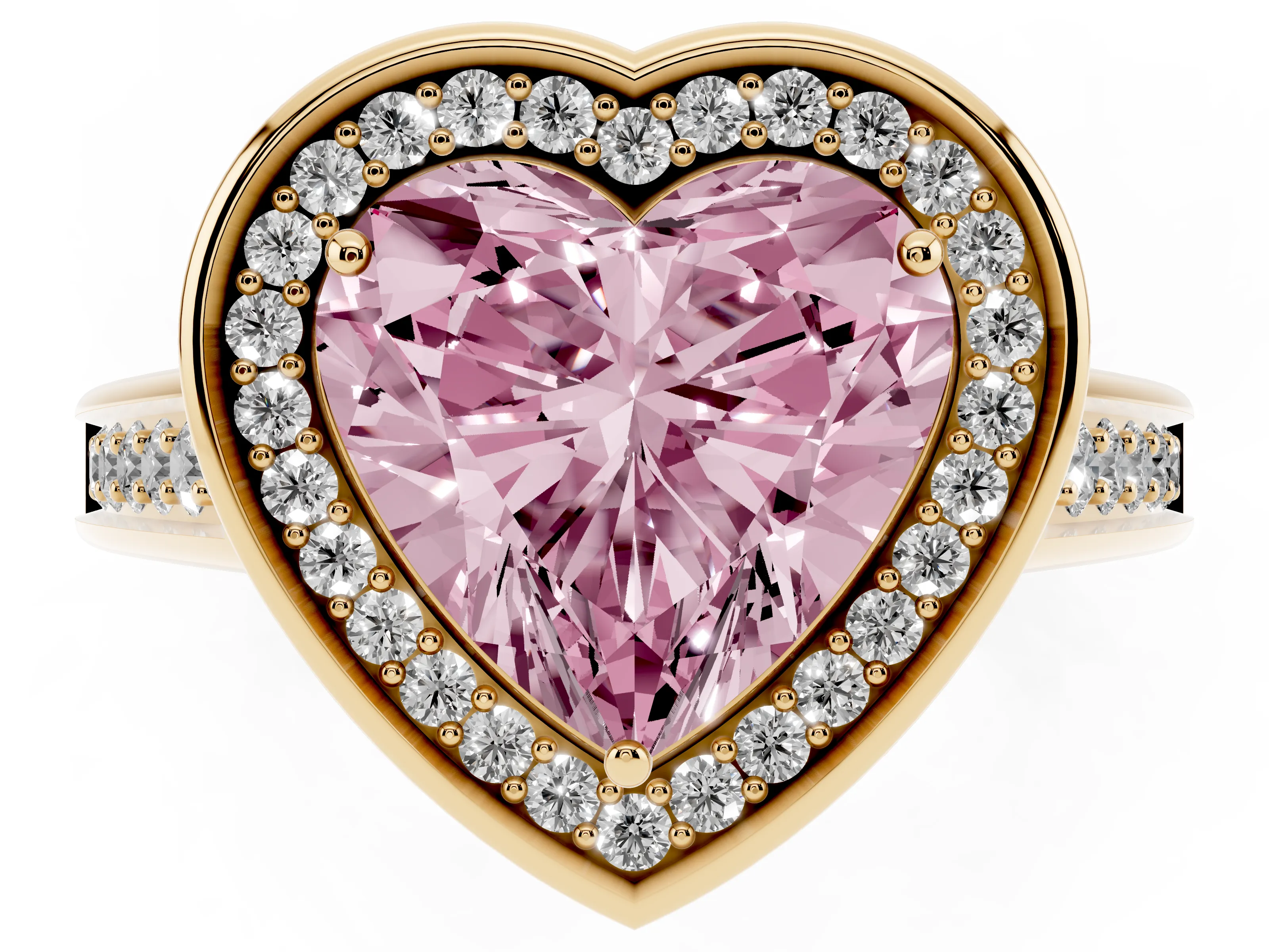 Fancy Pink Heart Cut Diamond Halo Solitaire Ring Set in Yellow gold with Pavé Band and Bezel Setting
