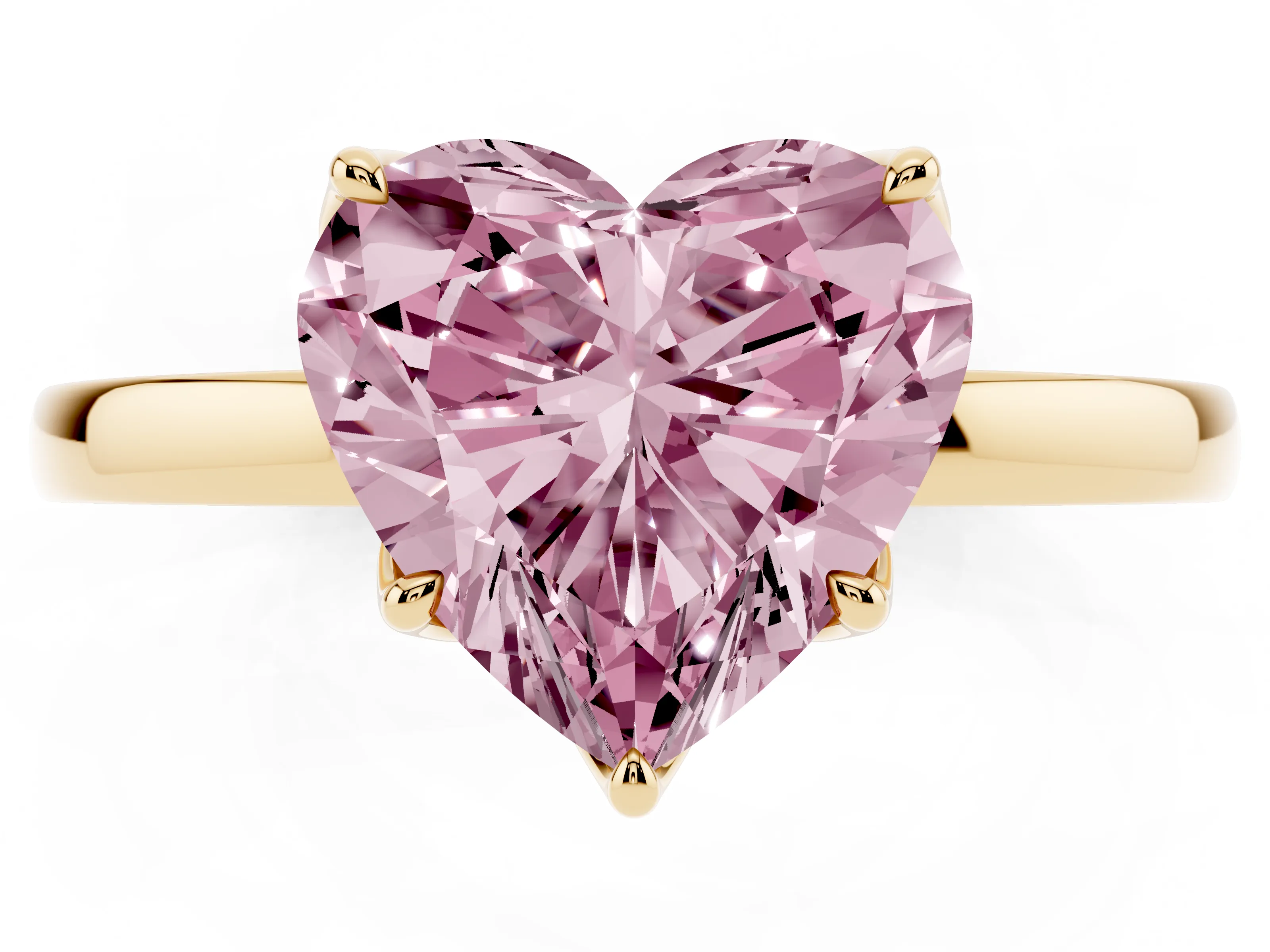 Fancy Pink Heart Cut Diamond Solitaire Ring Set in Yellow gold with Prong Setting and Thin Polished Band