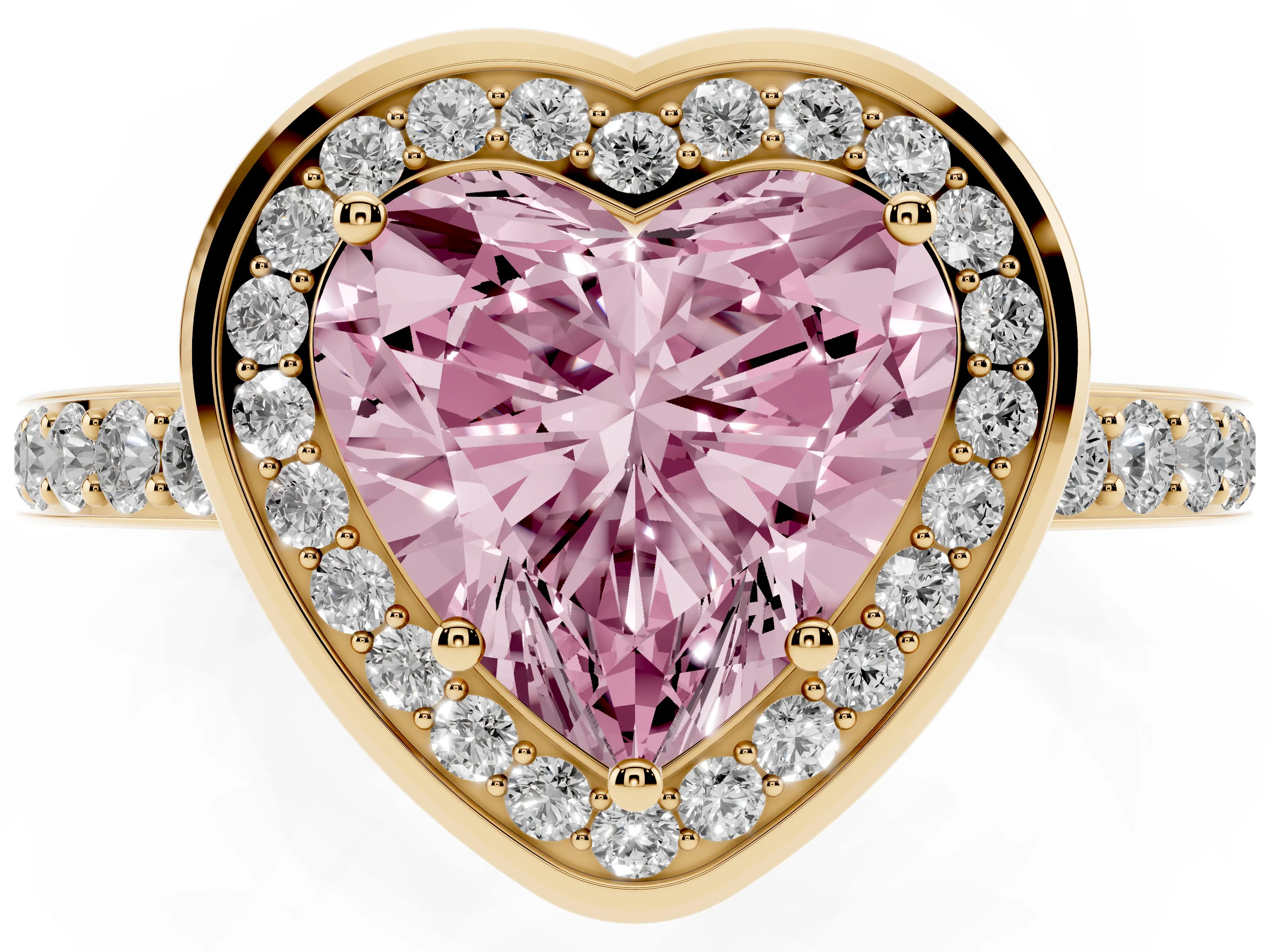 Fancy Pink Heart Cut Diamond Halo Ring Set in Yellow gold with Bezel Frame and Pavé Band