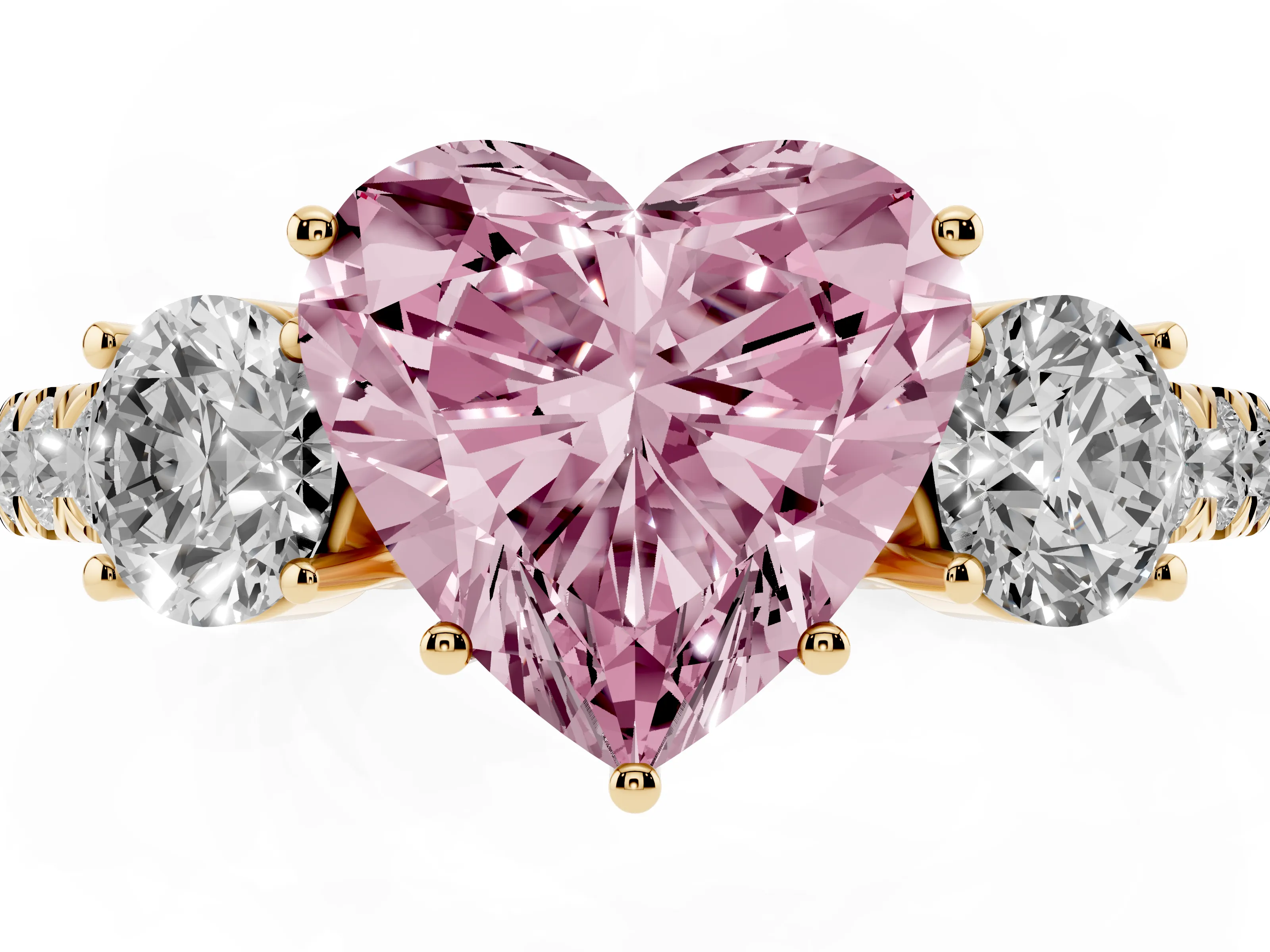 Fancy Pink Heart Cut Diamond Three-Stone Ring Set in Yellow gold with Round Side Stones and Delicate Pavé Band