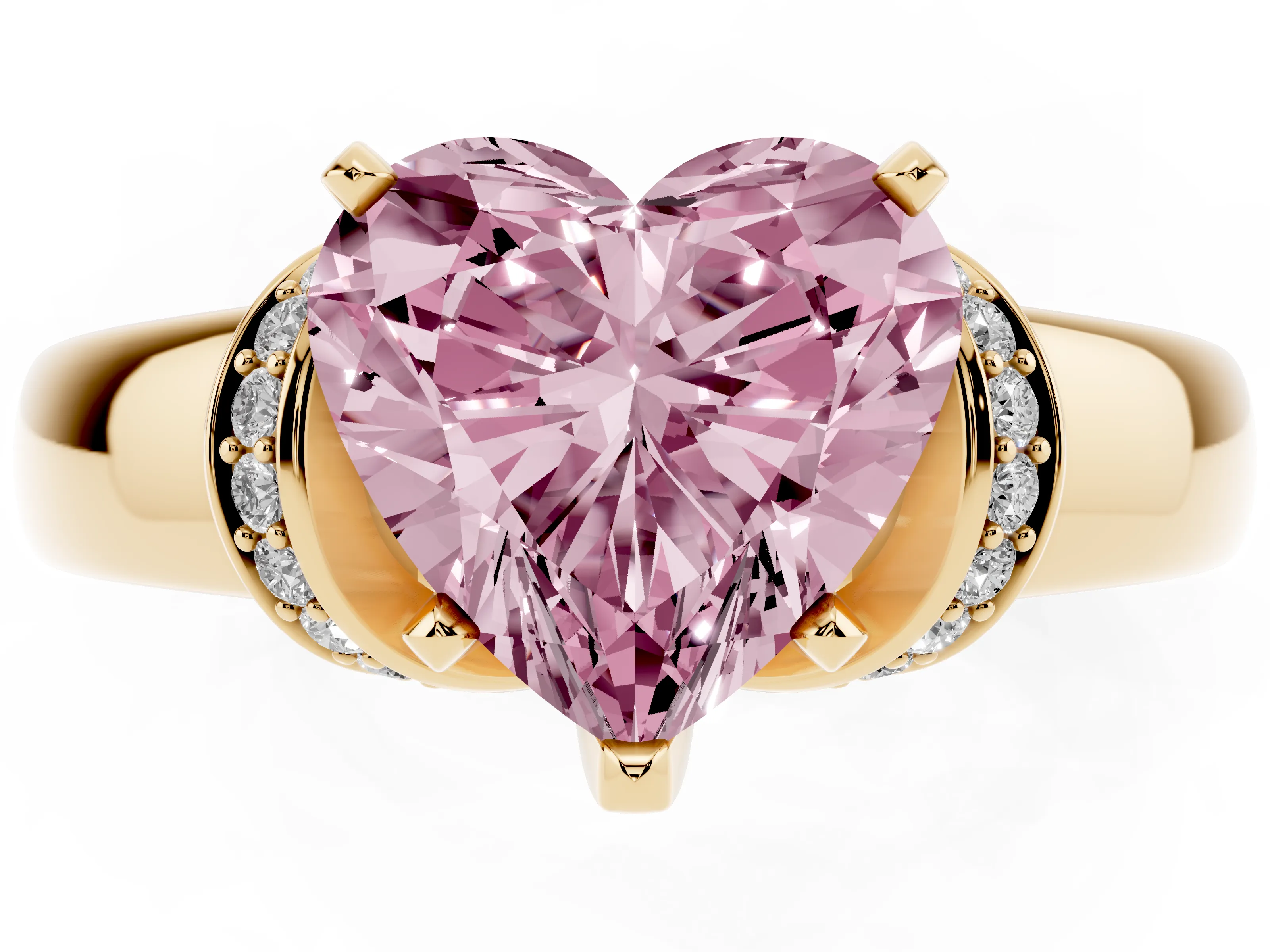 Fancy Pink Heart Cut Diamond Pavé Band Solitaire Ring Set in Yellow gold with Prong Setting