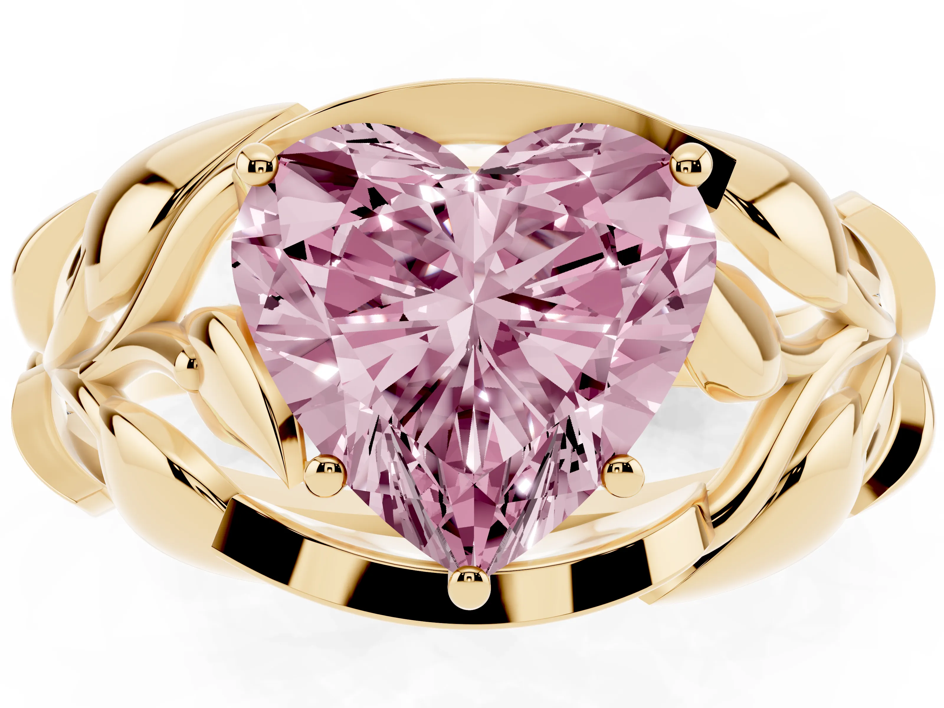 Fancy Pink Heart Cut Diamond Leaf-Inspired Engagement Ring Set in Yellow gold with Round Accents