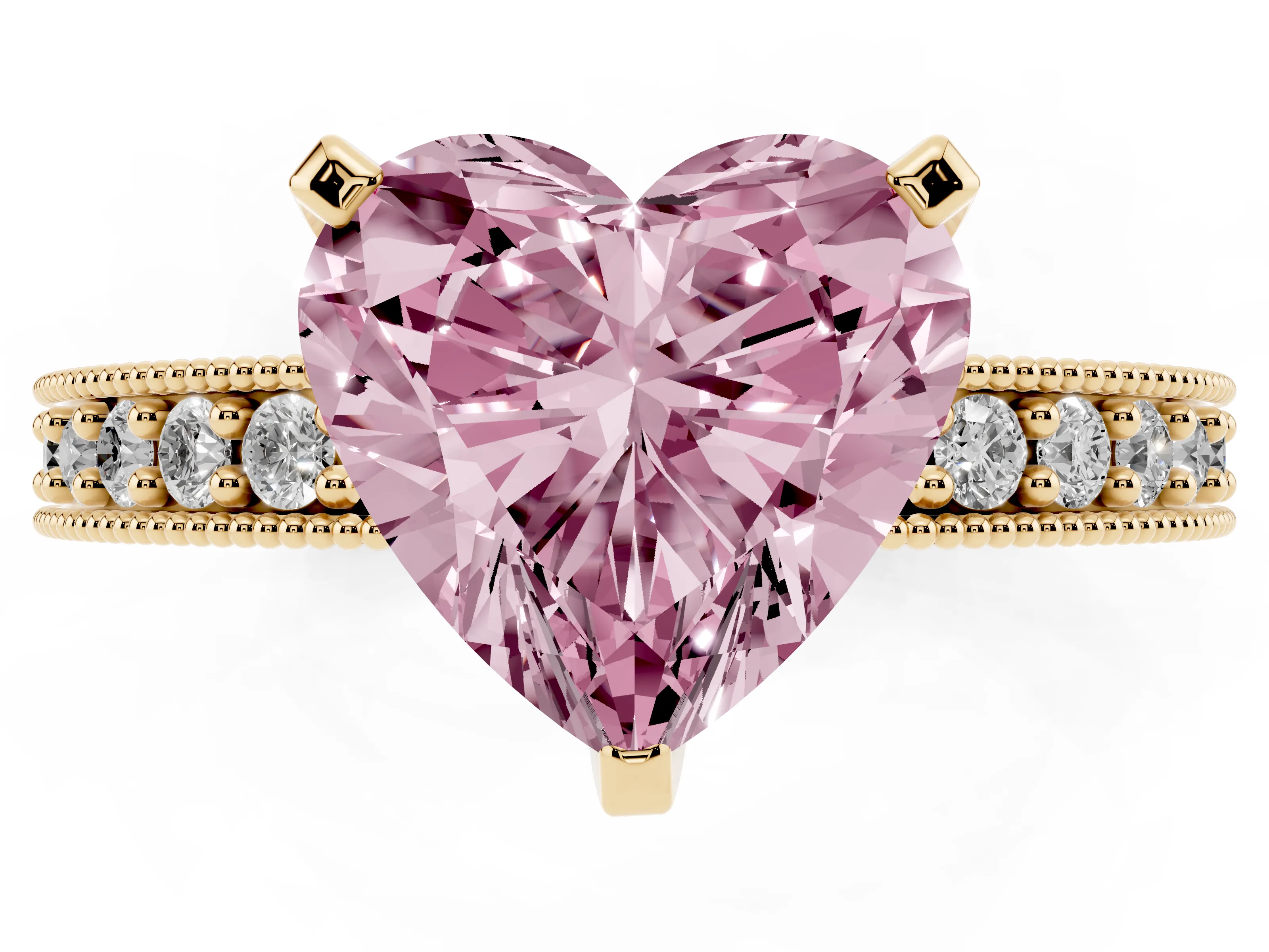 Fancy Pink Heart Cut Diamond Milgrain Pavé Engagement Ring Set in Yellow gold with Prong Setting