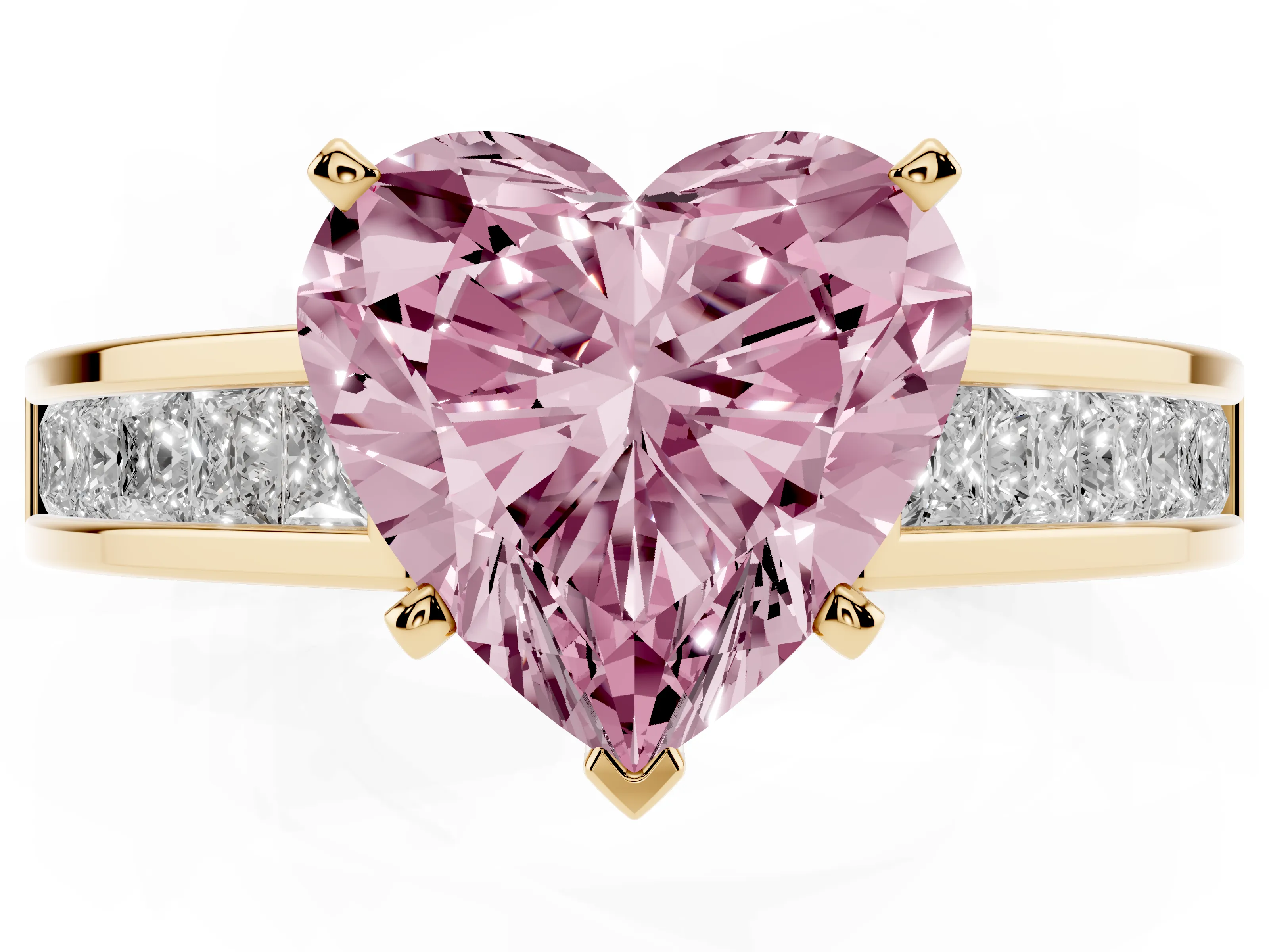 Fancy Pink Heart Cut Diamond Solitaire Ring Set in Yellow gold with Channel-Set Band and Prong Setting