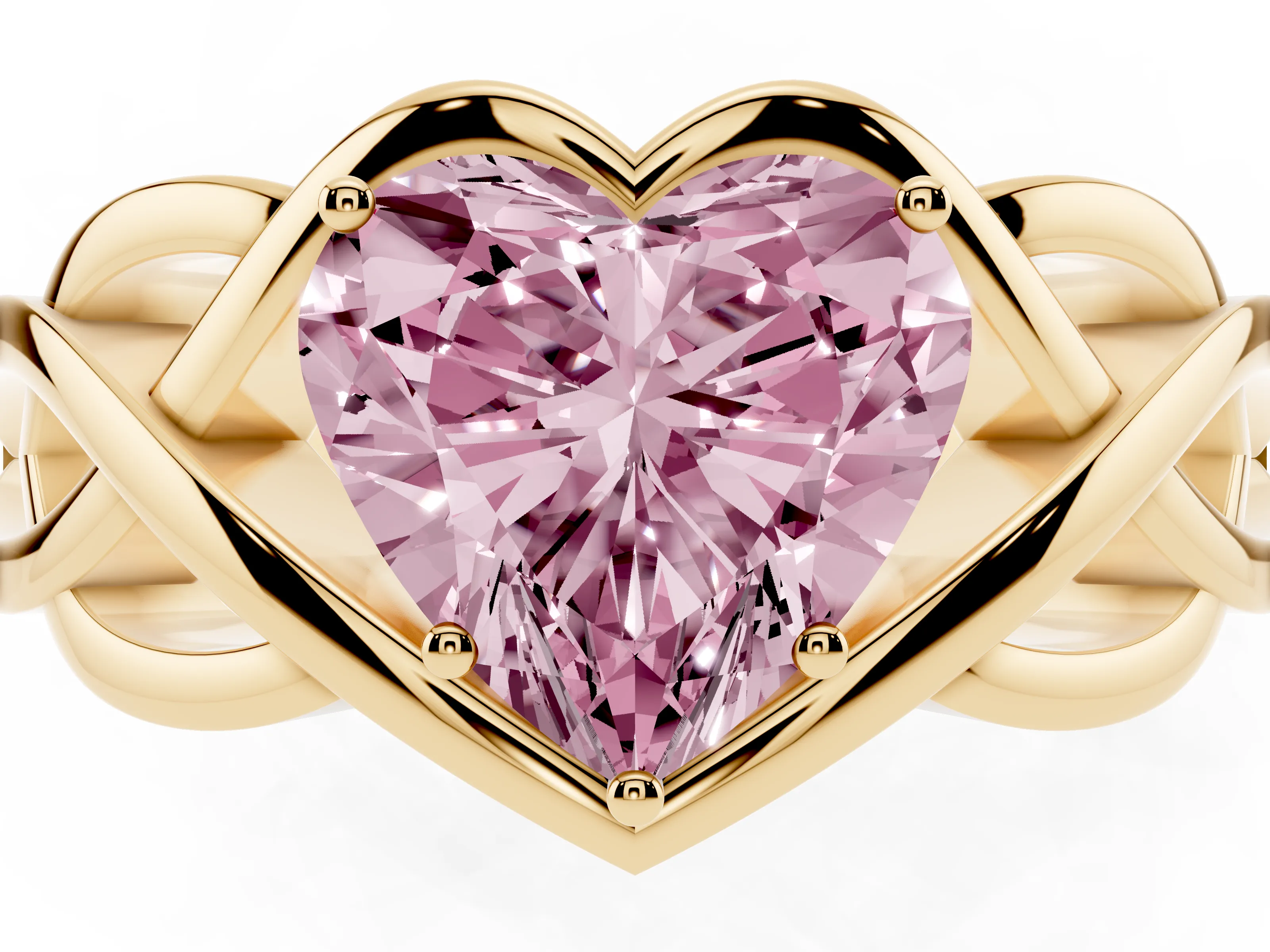 Fancy Pink Heart Cut Diamond Solitaire Ring Set in Yellow gold with Intertwined Band