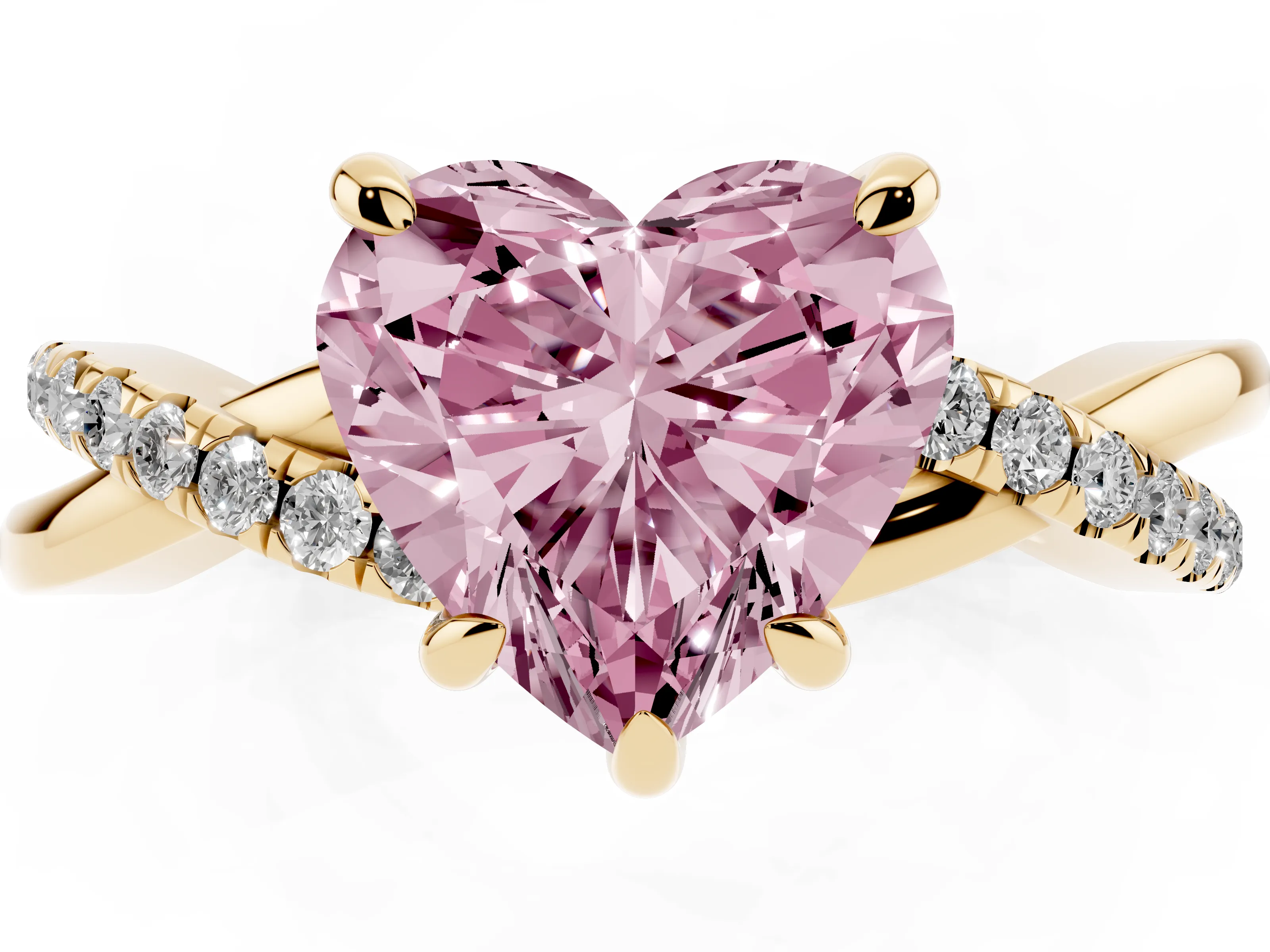 Fancy Pink Heart Cut Diamond Twist Band Solitaire Set in Yellow gold with Pavé Accents and Prong Setting