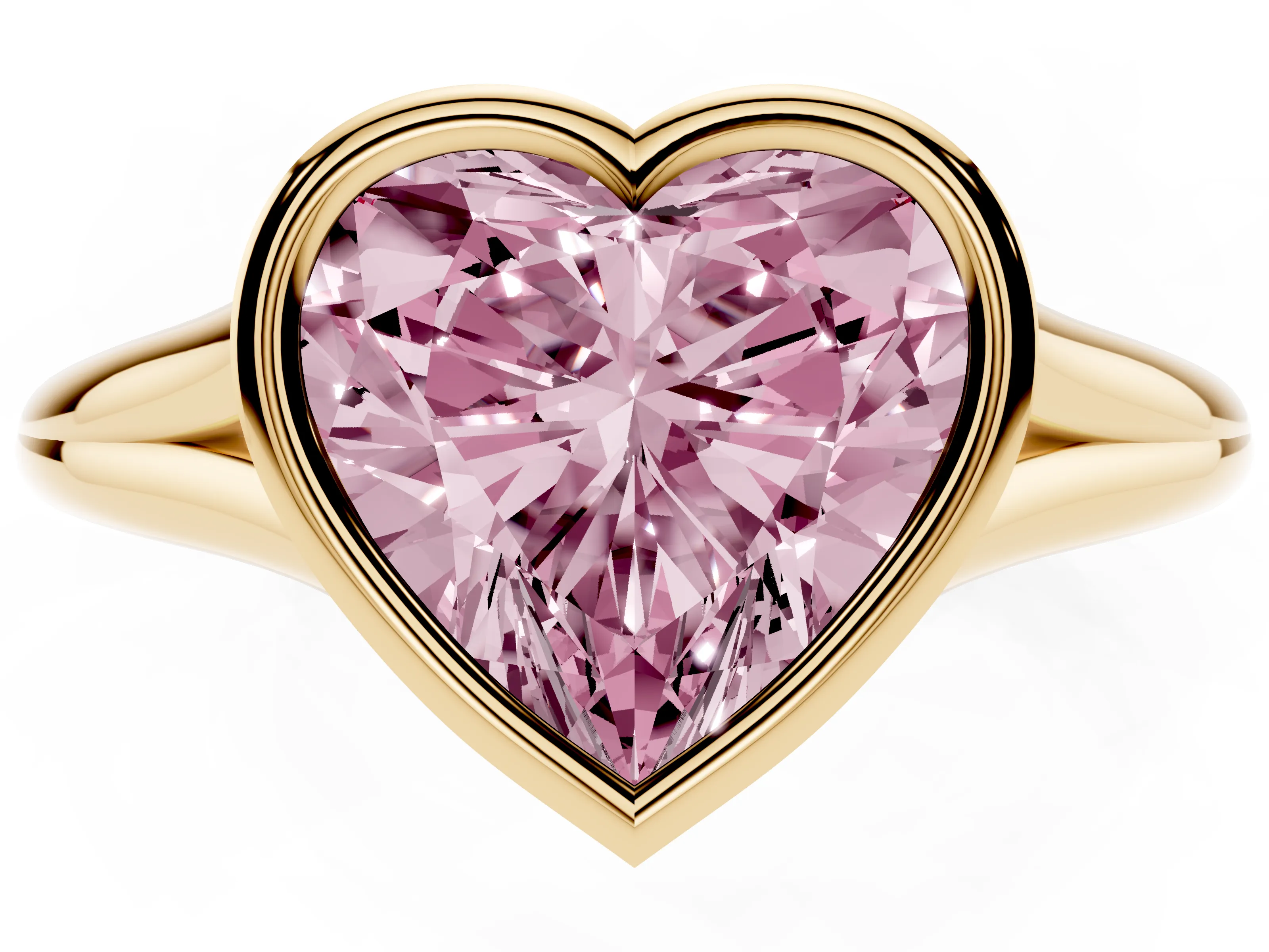 Fancy Pink Bezel Set Heart Cut Diamond Solitaire Ring Set in Yellow gold with Tapered Band