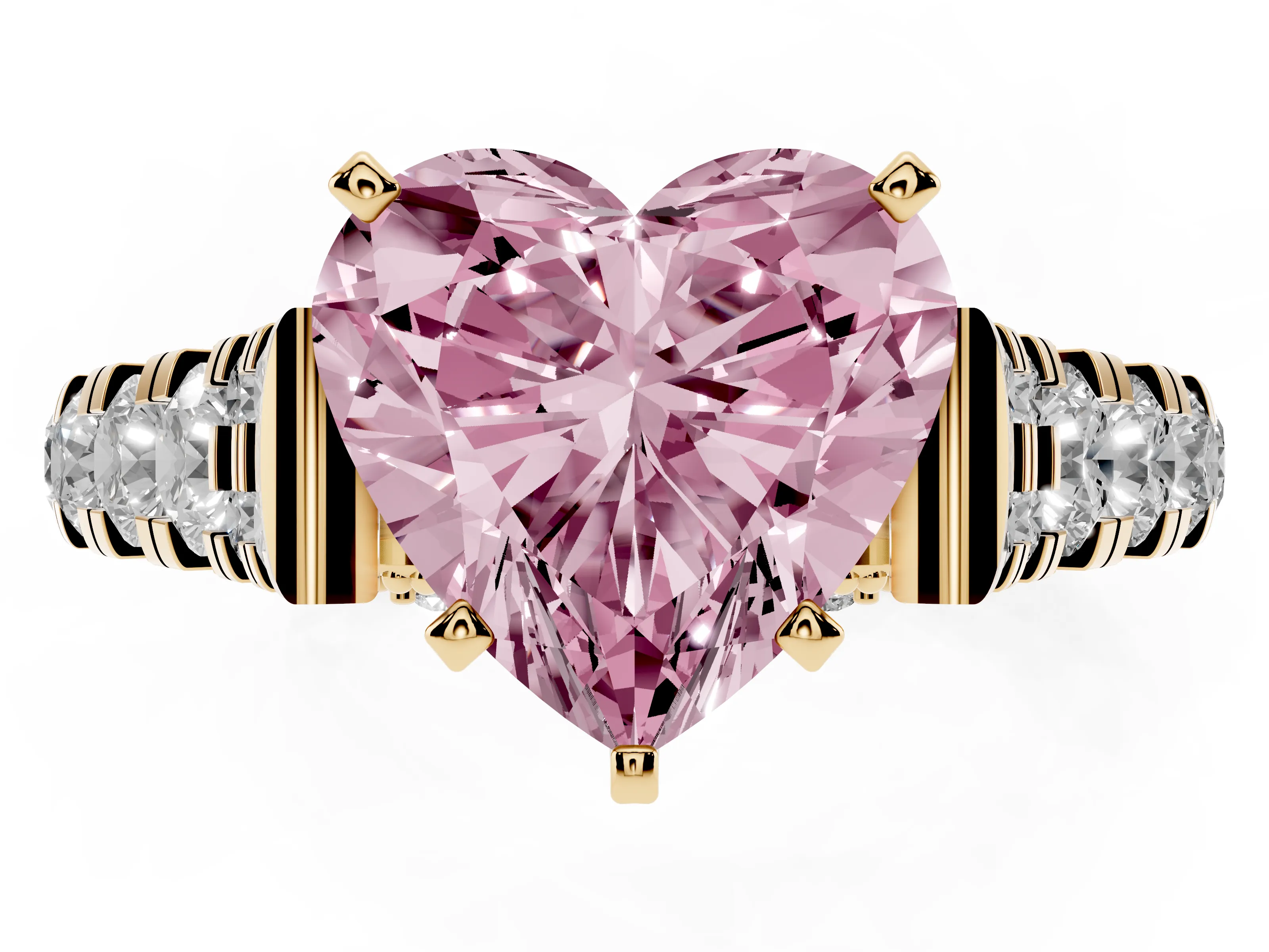 Fancy Pink Heart Cut Diamond Classic Solitaire Ring Set in Yellow gold with Pavé Band and Prong Setting