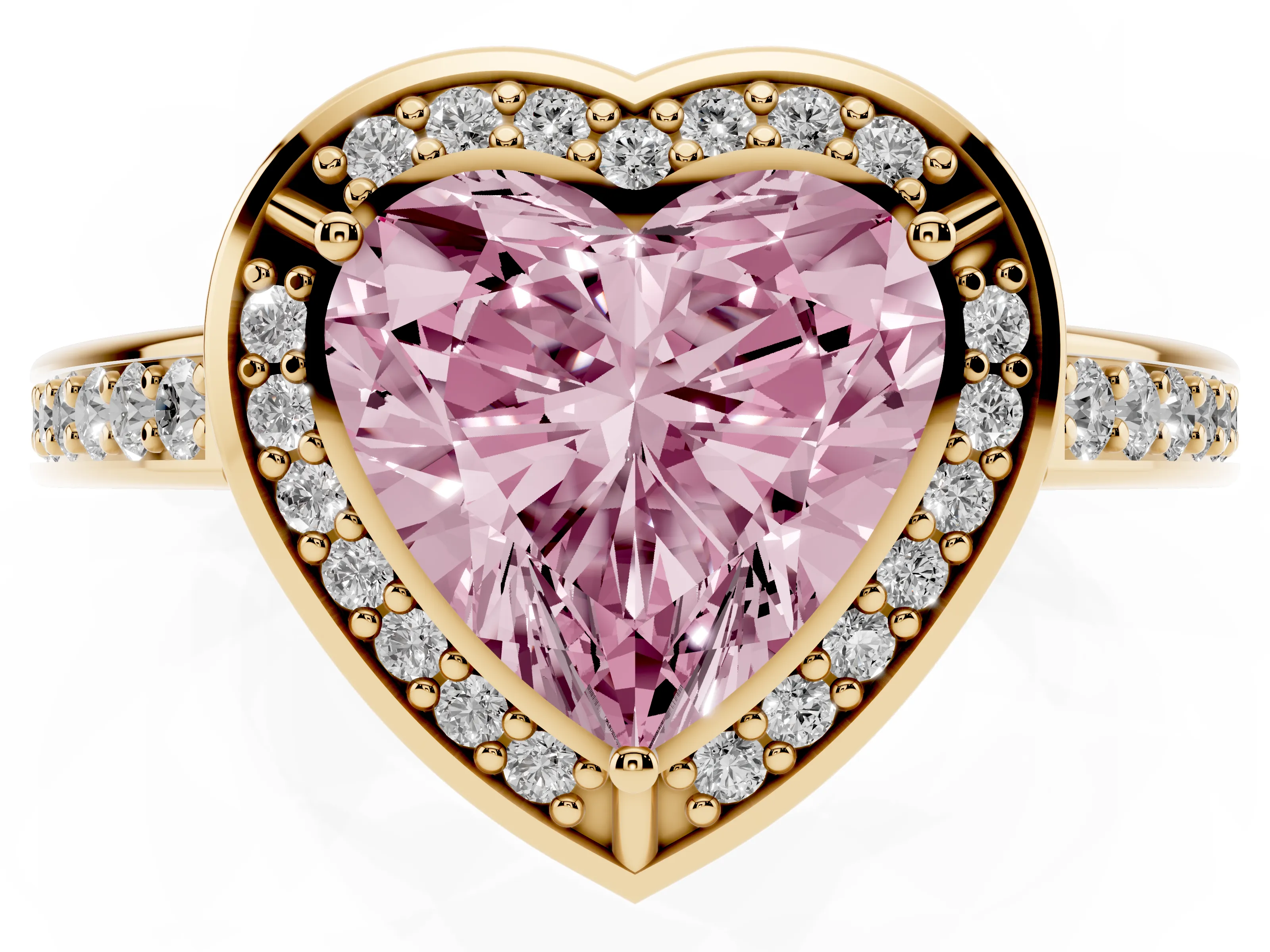Fancy Pink Heart Cut Diamond Halo Pavé Split Shank Ring Set in Yellow gold with Prong Setting