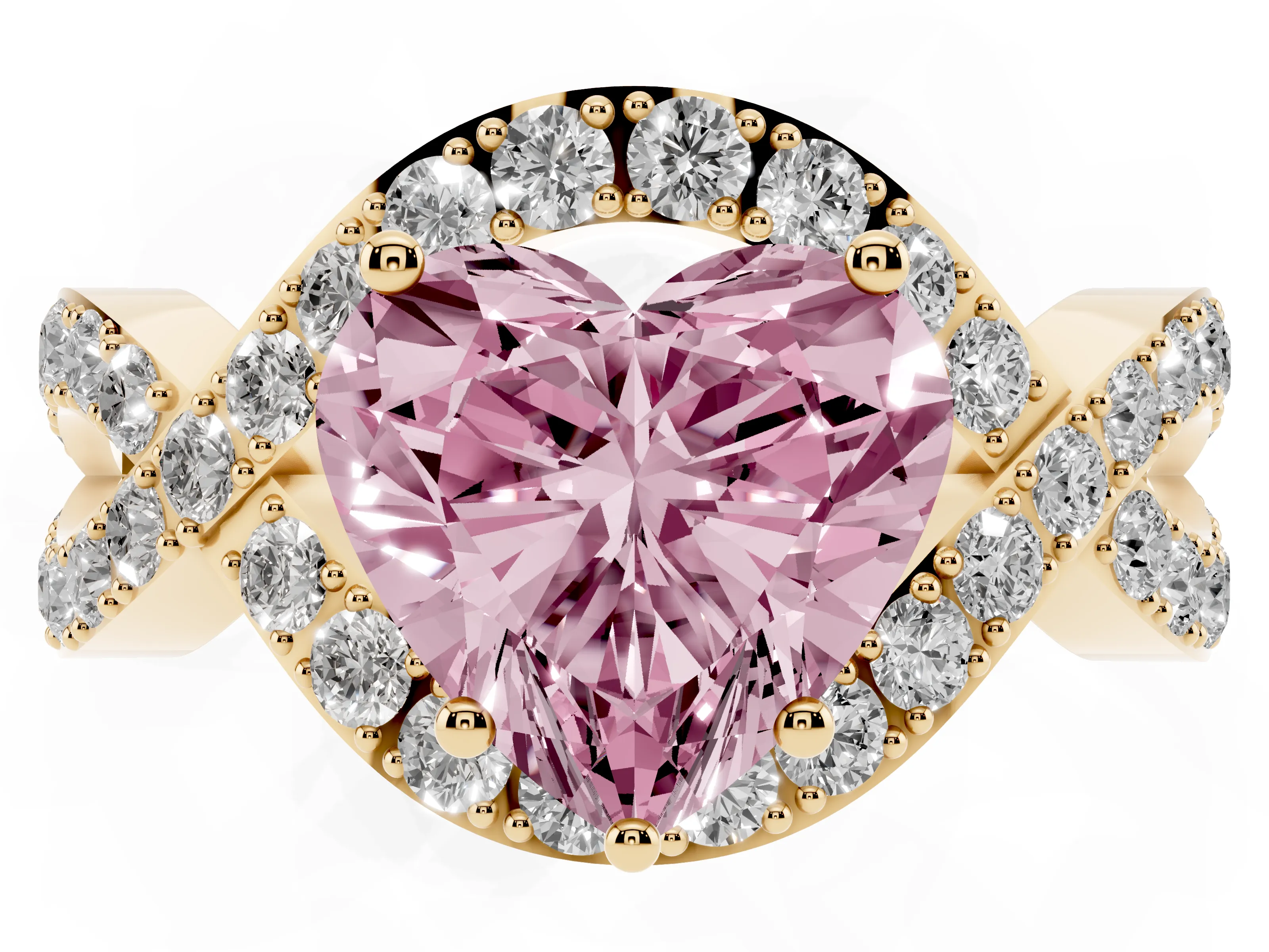 Fancy Pink Heart Cut Diamond Solitaire Twist Band Pavé Engagement Ring Set in Yellow gold