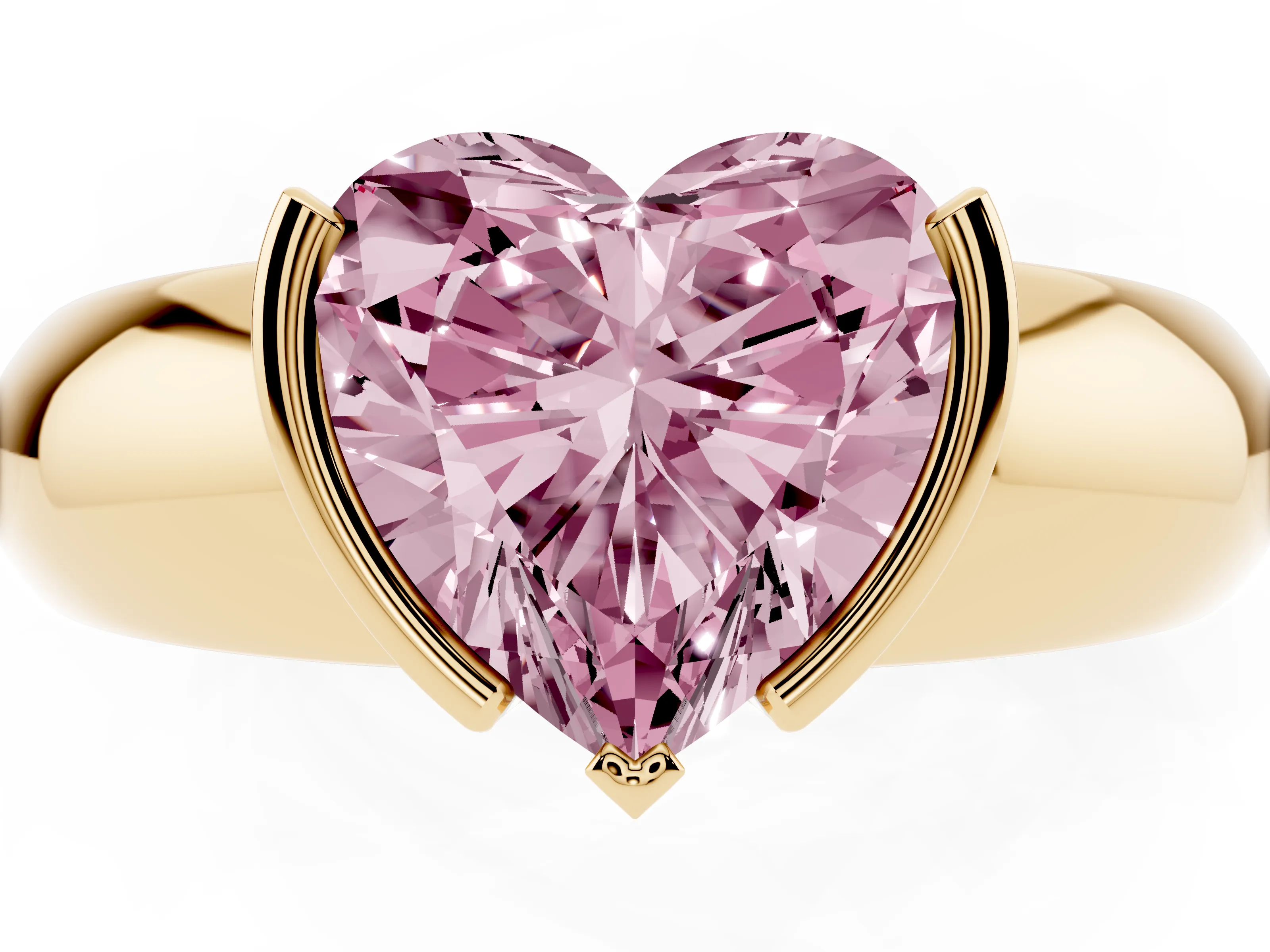 Fancy Pink Heart Cut Diamond Solitaire Tension Set Ring Set in Yellow gold with Wide Band
