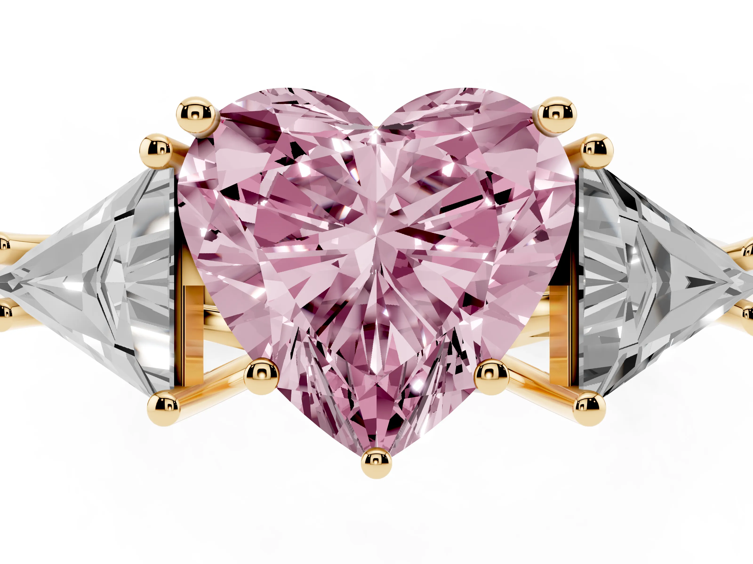 Fancy Pink Heart Cut Diamond Three-Stone Engagement Ring Set in Yellow gold with Trillion Side Stones