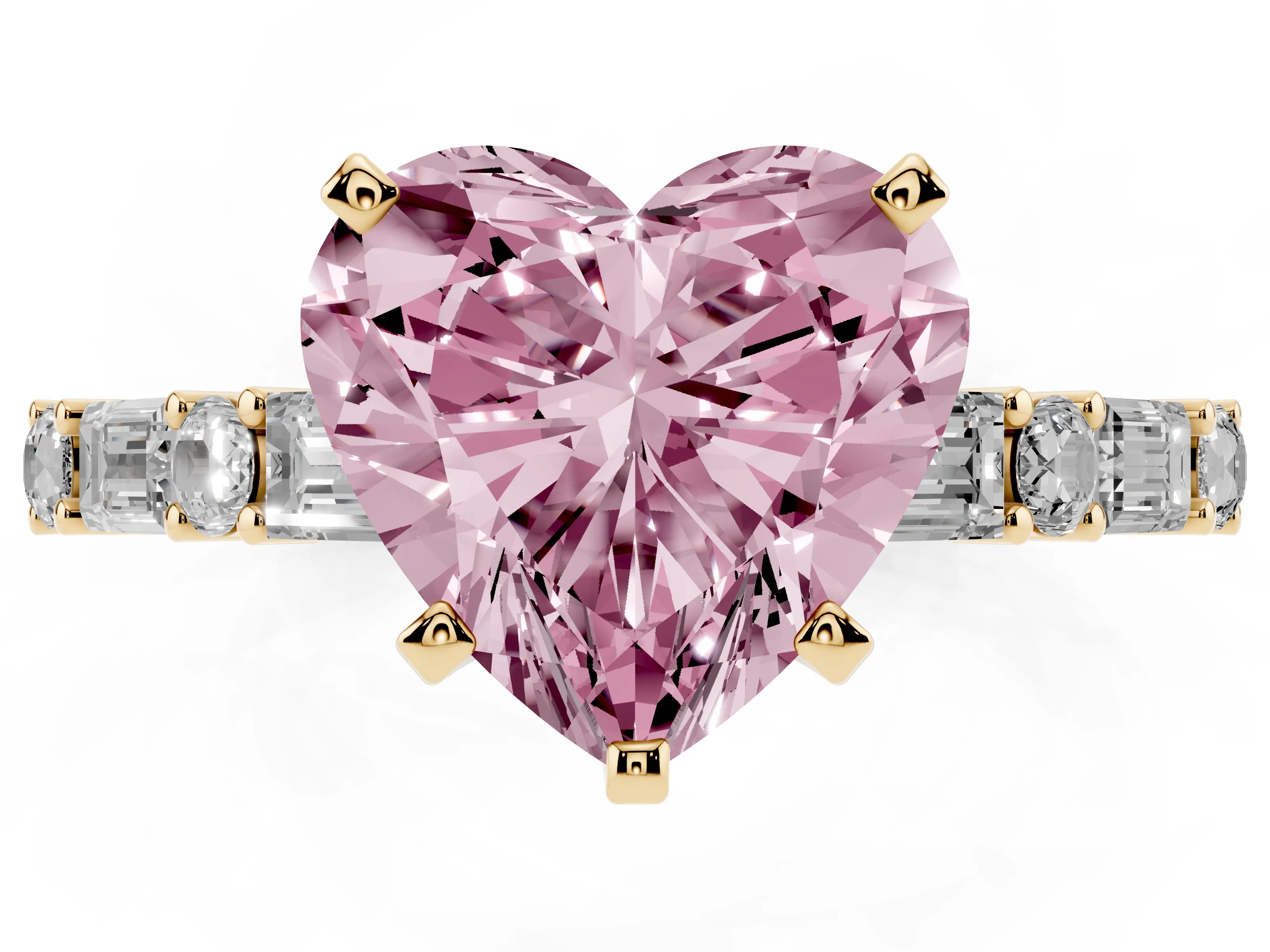 Fancy Pink Heart Cut Diamond Solitaire Set in Yellow gold with Side Baguettes and Channel Set Band