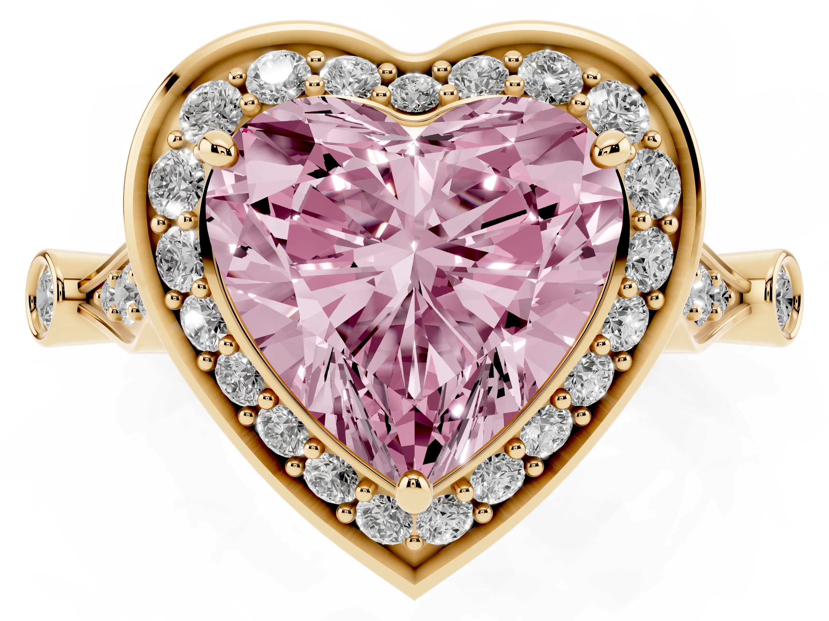 Fancy Pink Heart Cut Diamond Halo Engagement Ring Set in Yellow gold with Twisted Band and Prong Setting