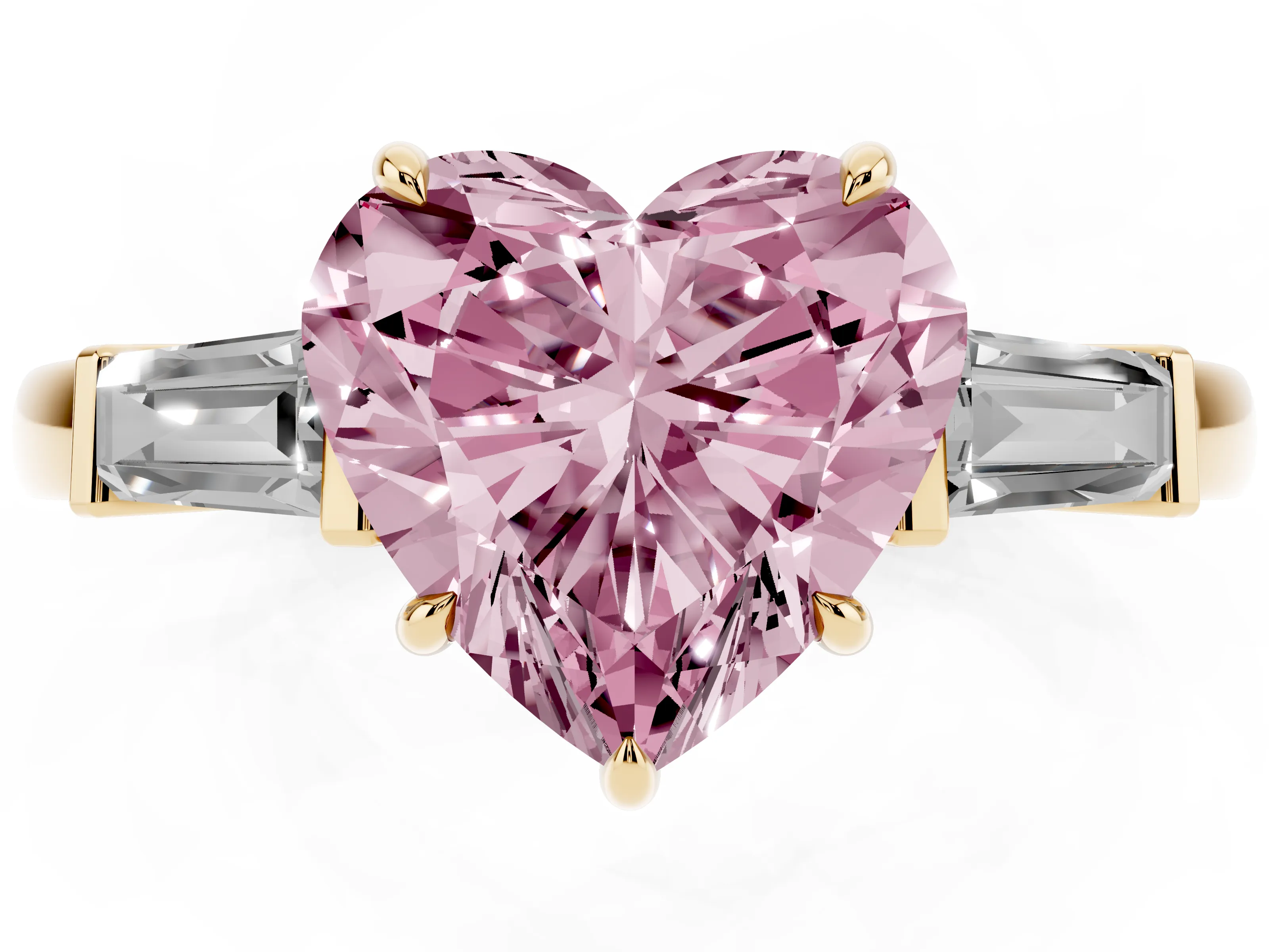 Fancy Pink Heart Cut Diamond Three-Stone Ring Set in Yellow gold with Tapered Baguette Side Stones and Prong Setting