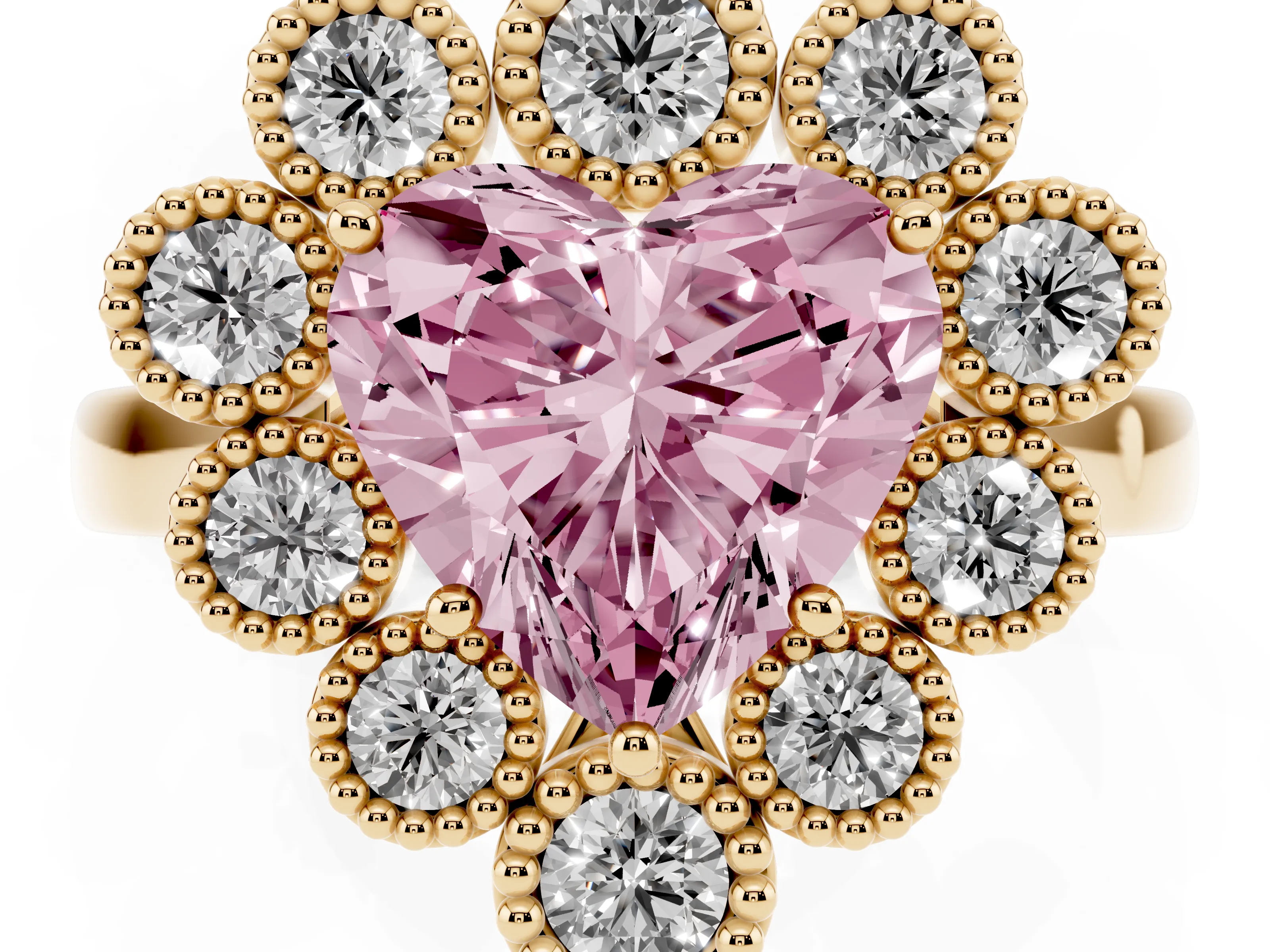 Fancy Pink Heart Cut Diamond Cluster Halo Ring Set in Yellow gold with Milgrain Bezel Accents and Plain Band
