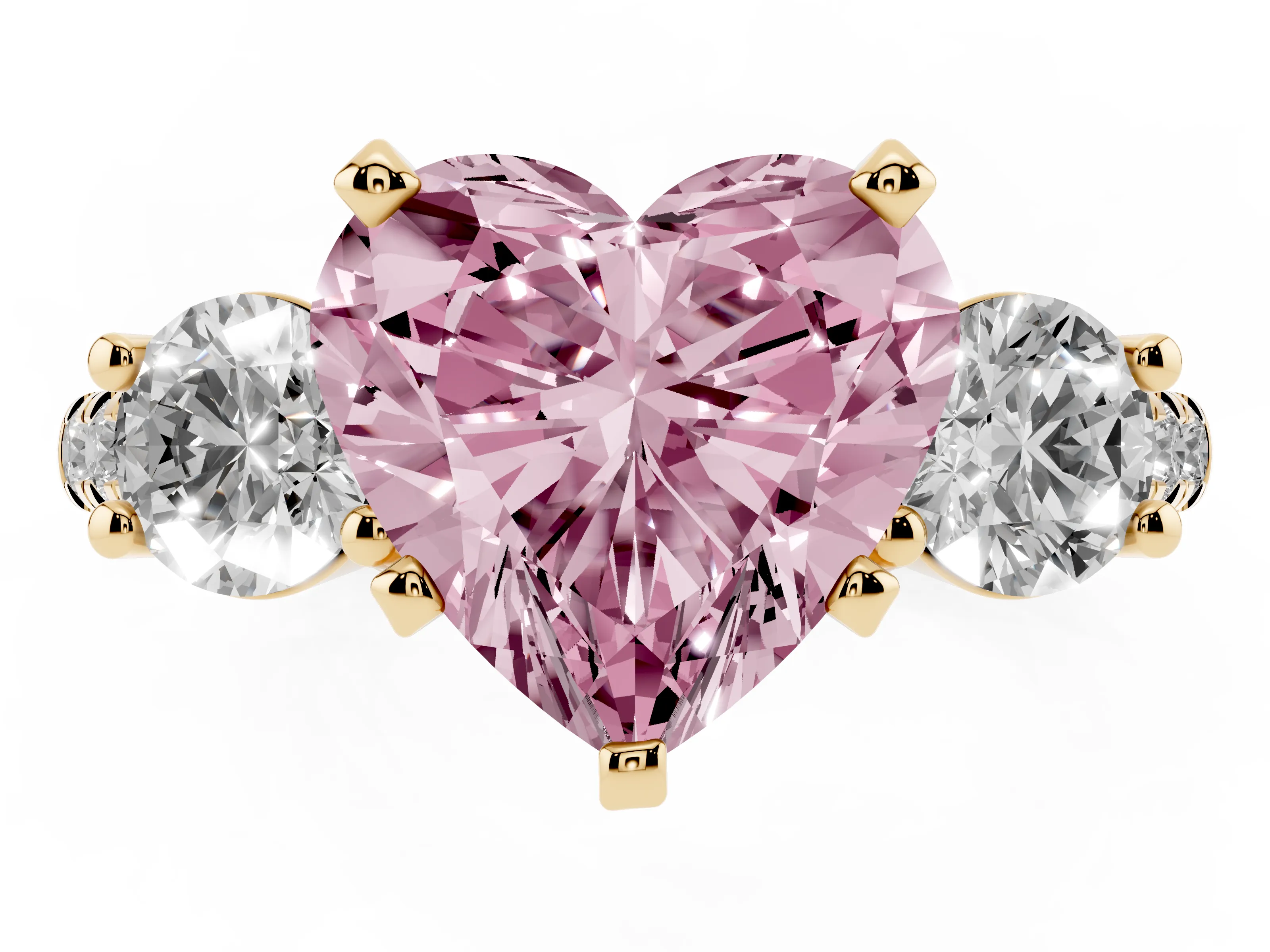 Fancy Pink Three-Stone Heart Cut Diamond Pavé Band Ring Set in Yellow gold with Prong-Set Trio