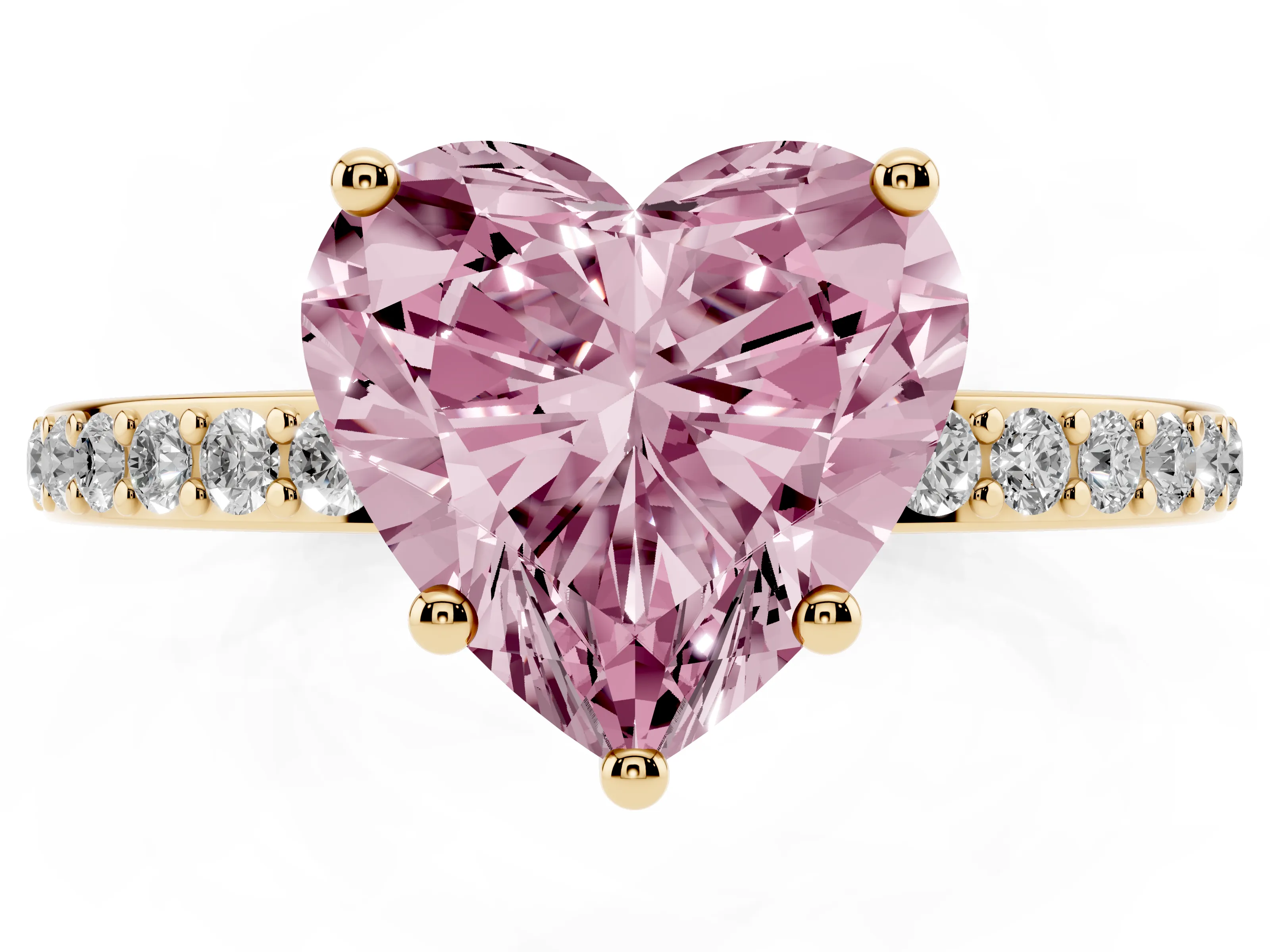 Fancy Pink Heart Cut Diamond Pavé Band Ring Set in Yellow gold with Prong-Set Center Stone
