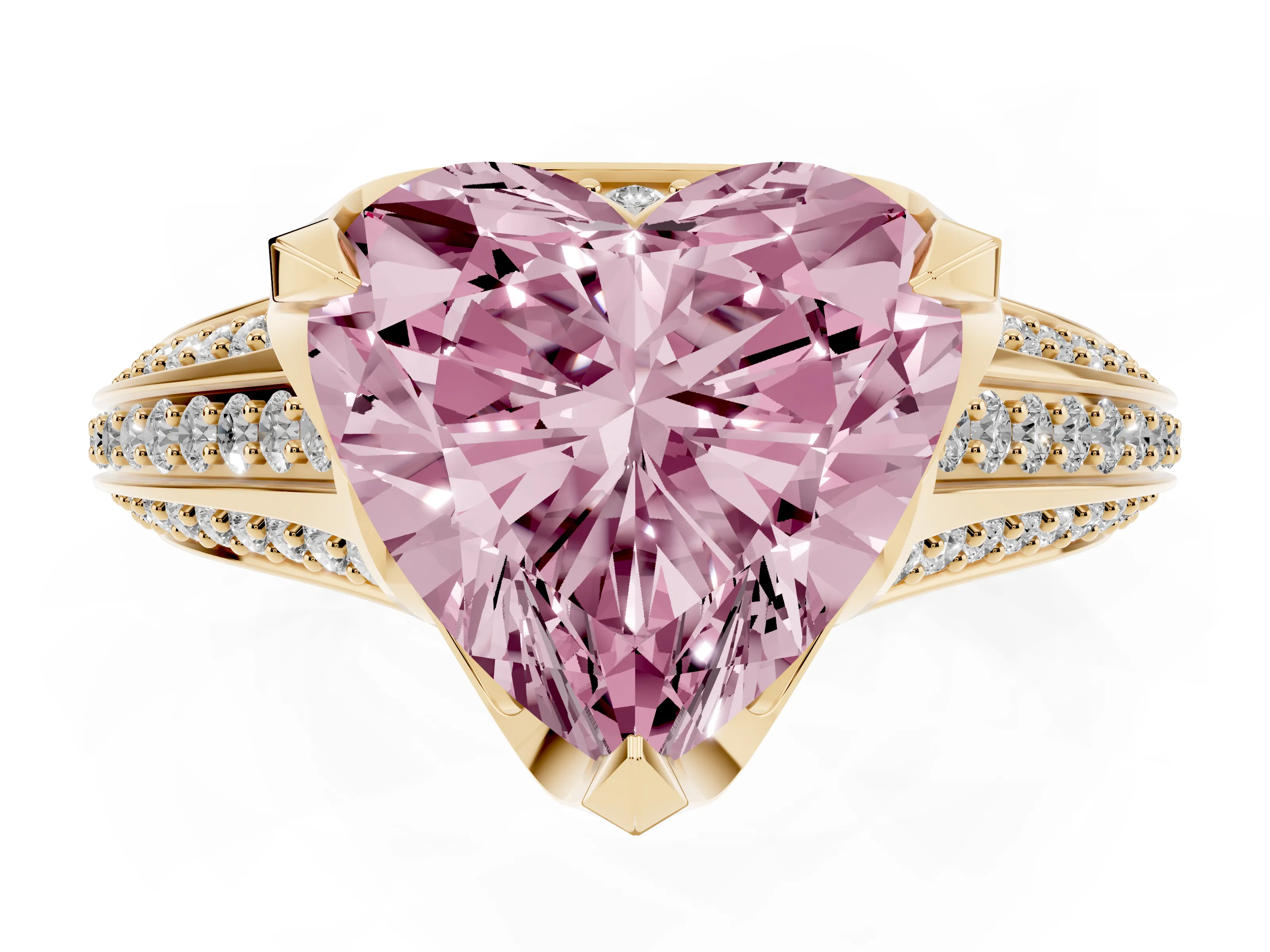 Fancy Pink Heart Cut Diamond Pavé Split Shank Solitaire Ring Set in Yellow gold with Prong Setting
