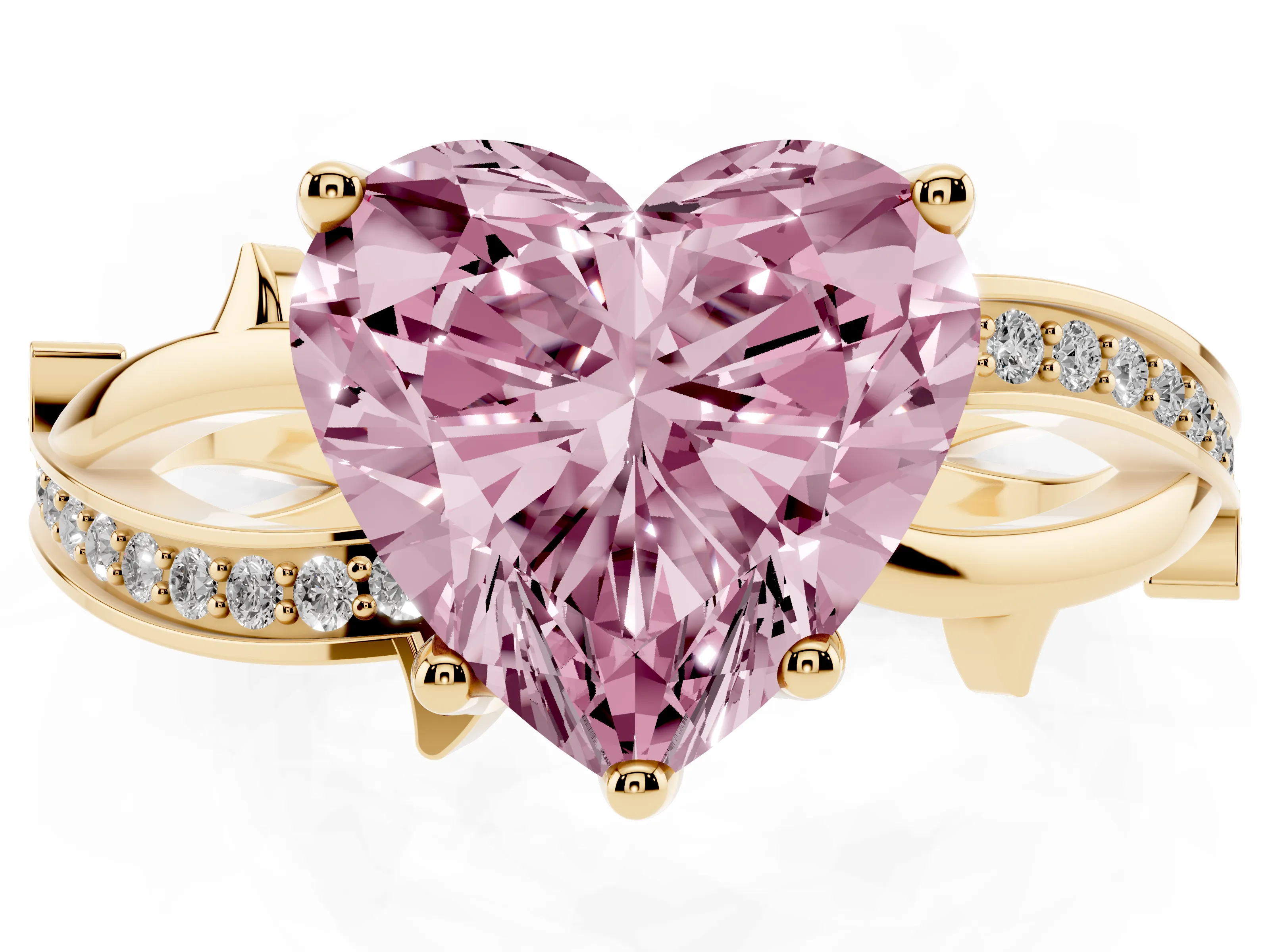 Fancy Pink Heart Cut Diamond Pavé Twist Band Solitaire Ring Set in Yellow gold with Prong Setting