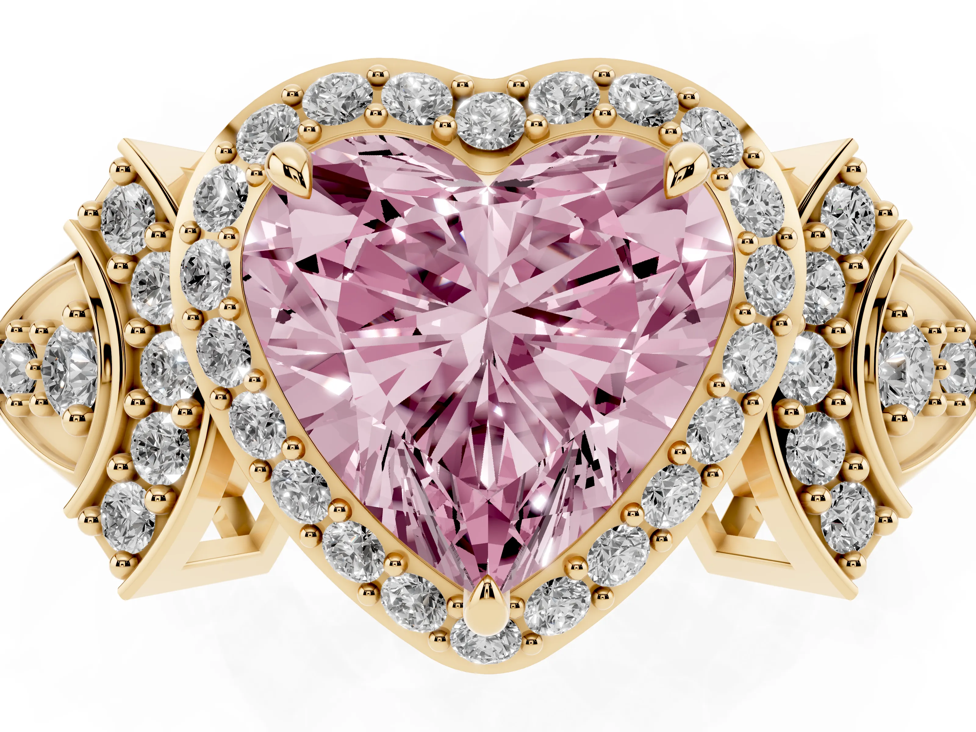 Fancy Pink Heart Cut Diamond Halo Engagement Ring Set in Yellow gold with Accent Stone Split Shank