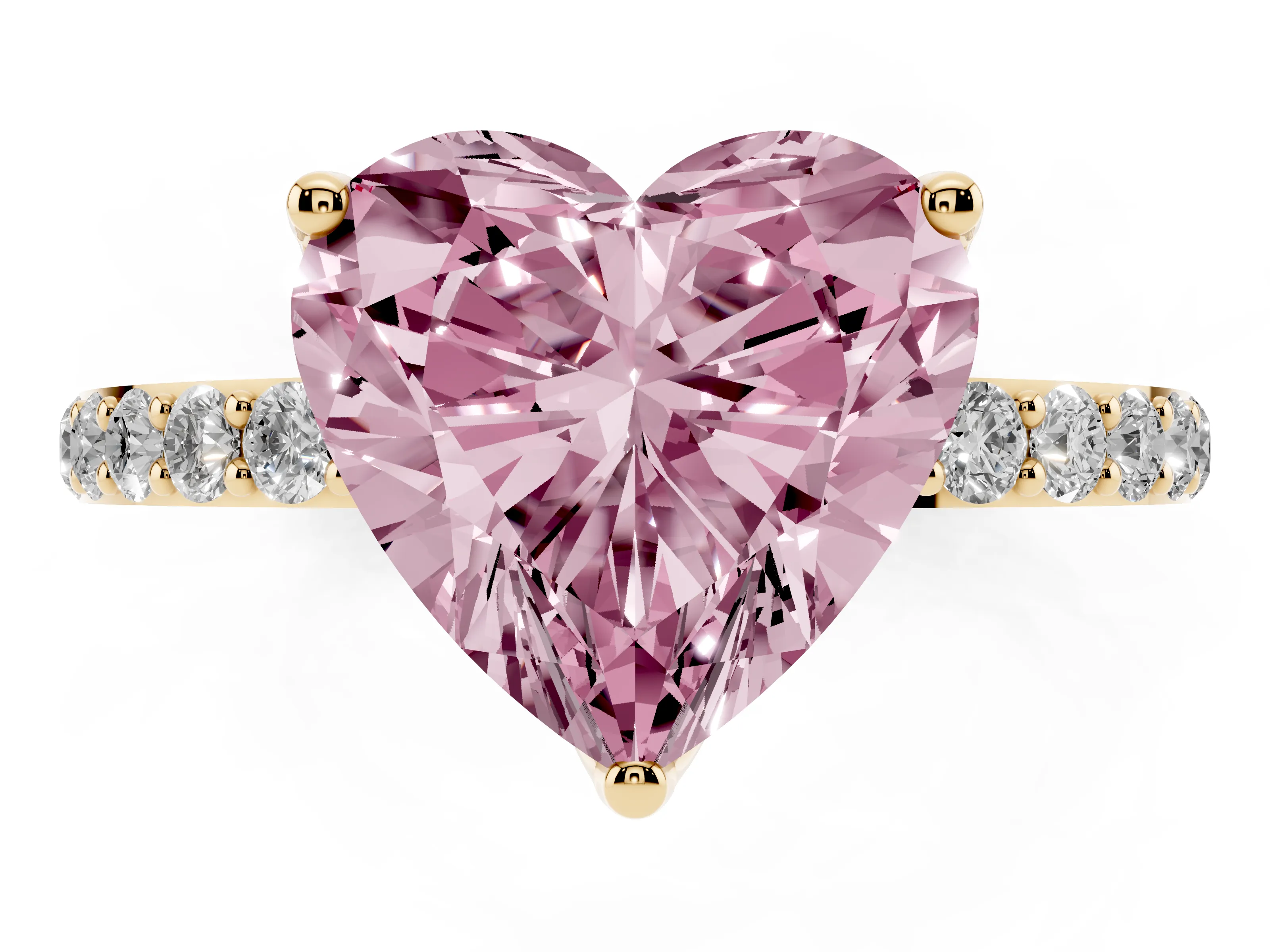 Fancy Pink Heart Cut Diamond Solitaire Engagement Ring Set in Yellow gold with Round Pavé Band and Prong Setting