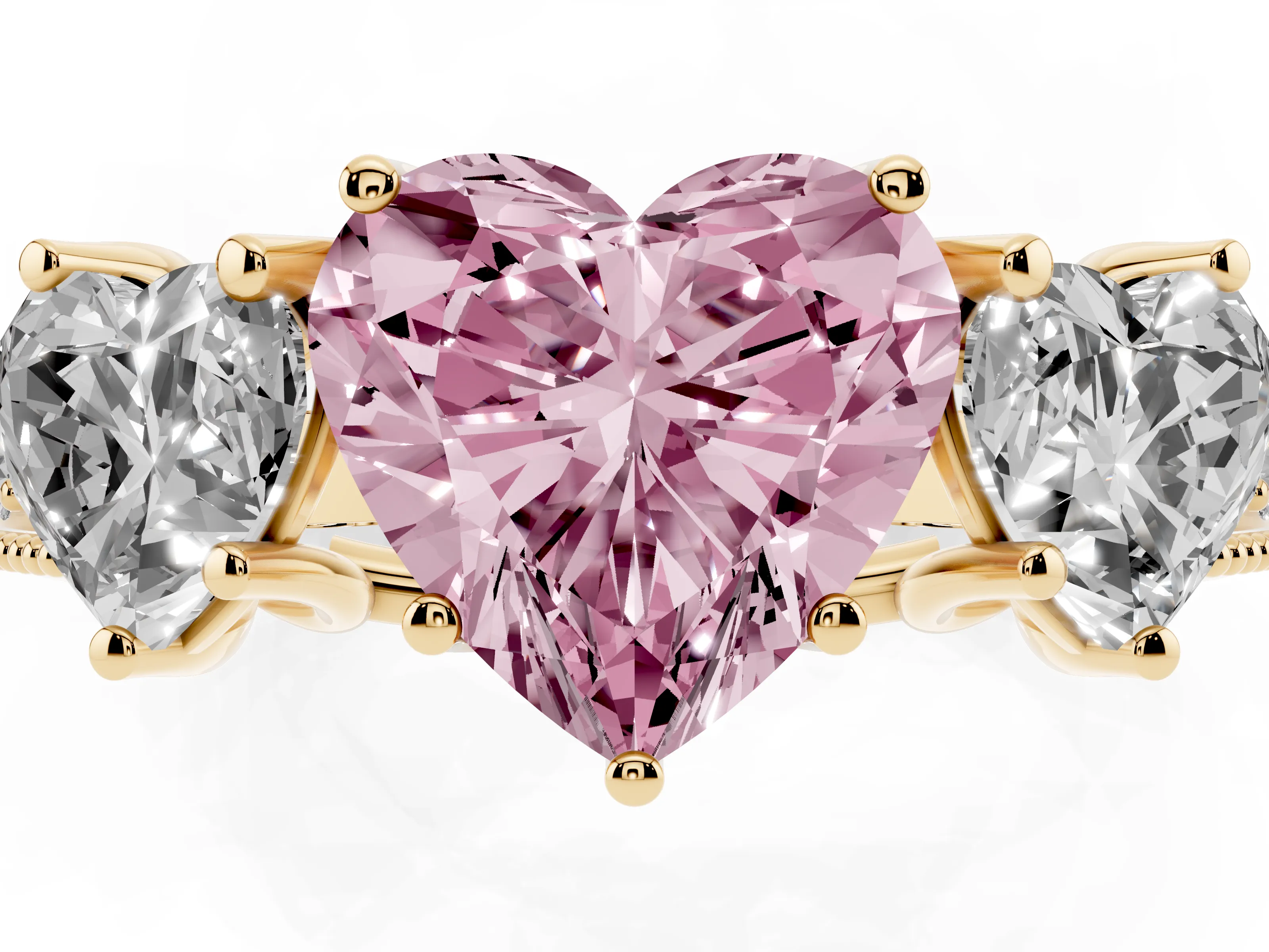 Fancy Pink Heart Cut Diamond Three-Stone Engagement Ring Set in Yellow gold with Milgrain Pavé Band