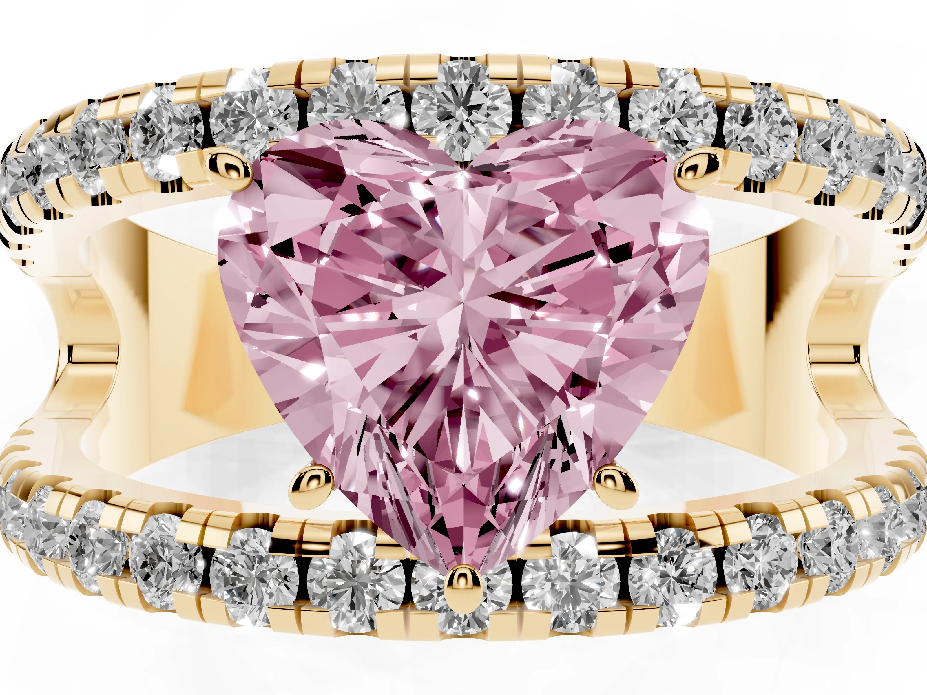 Fancy Pink Heart Cut Diamond Split Shank Pavé Solitaire Ring Set in Yellow gold with Open Shank Design