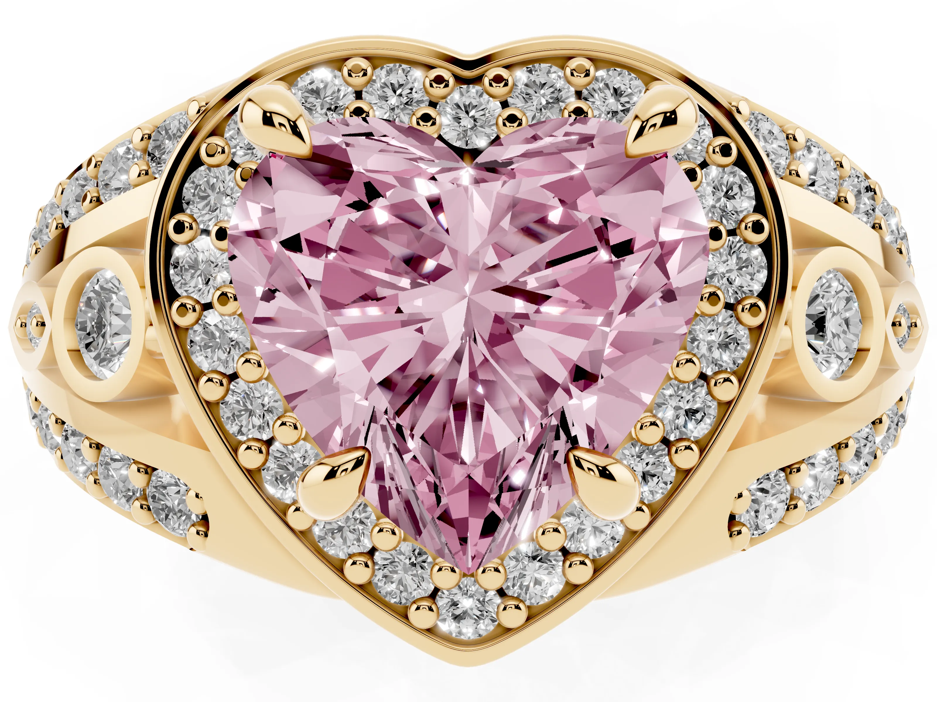 Fancy Pink Heart Cut Diamond Halo Ring Set in Yellow gold with Pavé Split Shank and Bezel Accents