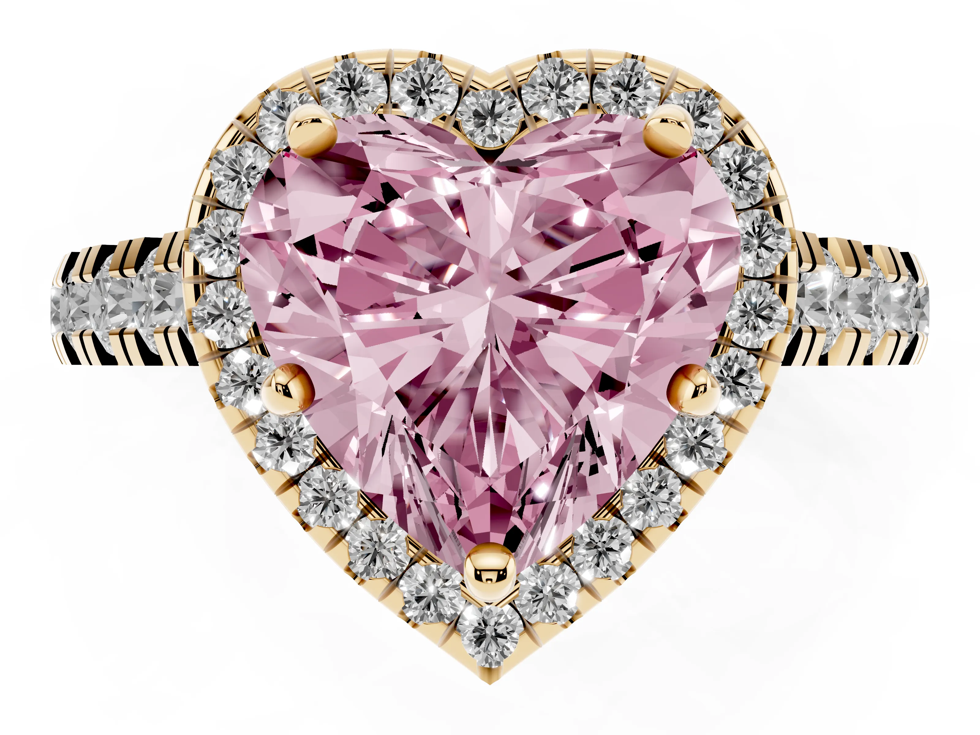 Fancy Pink Heart Cut Diamond Halo Engagement Ring Set in Yellow gold with Pavé Band and Prong-Set Center