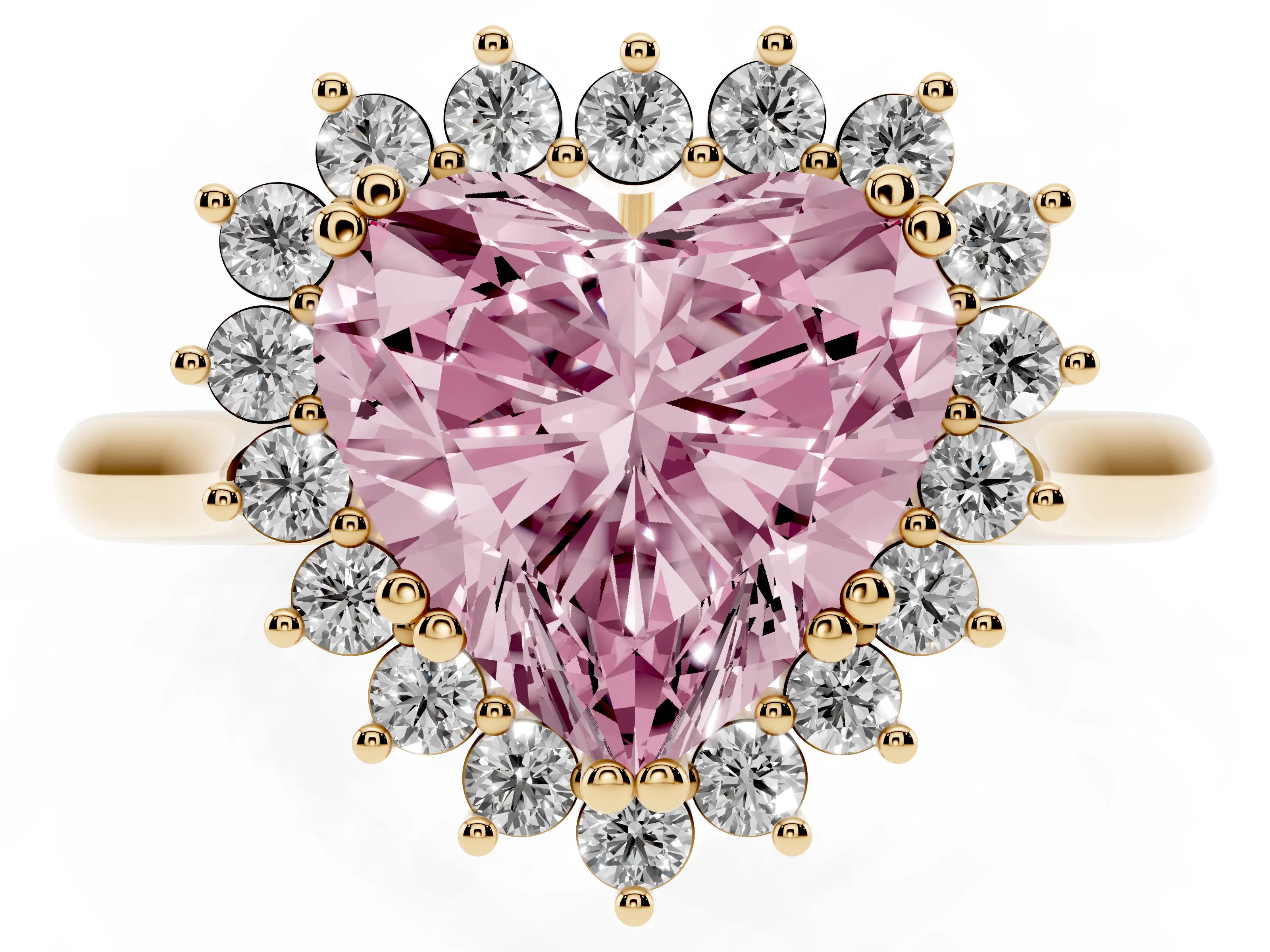 Fancy Pink Heart Cut Diamond Halo Ring Set in Yellow gold with Plain Solitaire Band and Prong Setting
