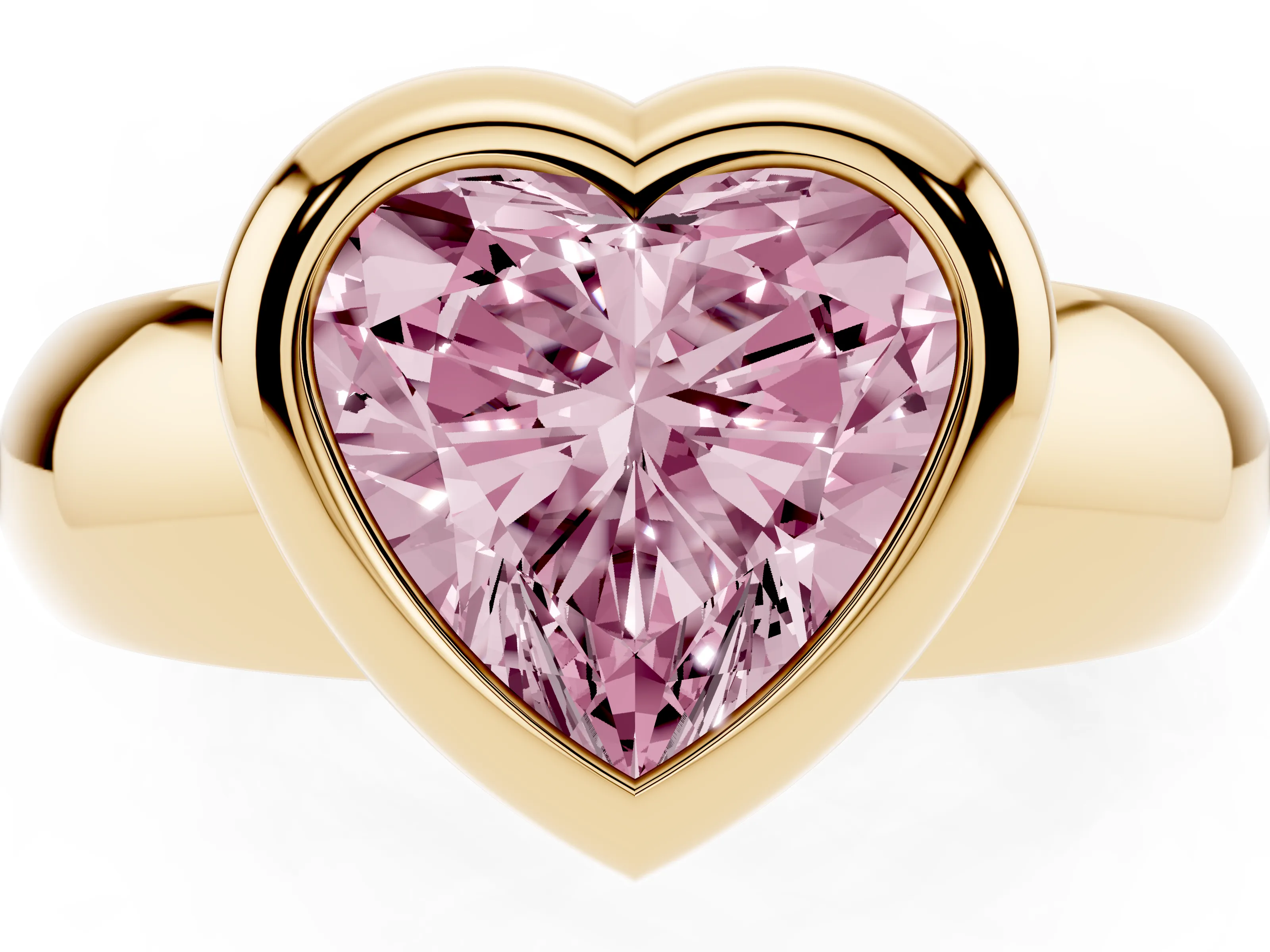 Fancy Pink Bezel Set Heart Cut Diamond Solitaire Ring Set in Yellow gold with Wide Band