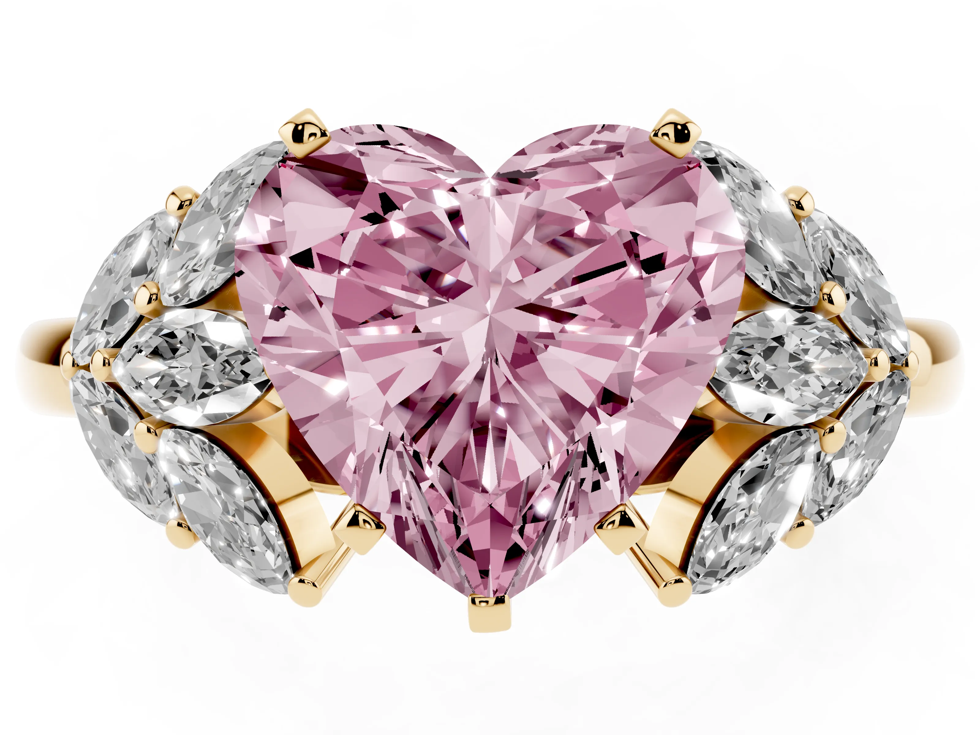 Fancy Pink Heart Cut Diamond Cluster Leaf Design Ring Set in Yellow gold with Prong Setting