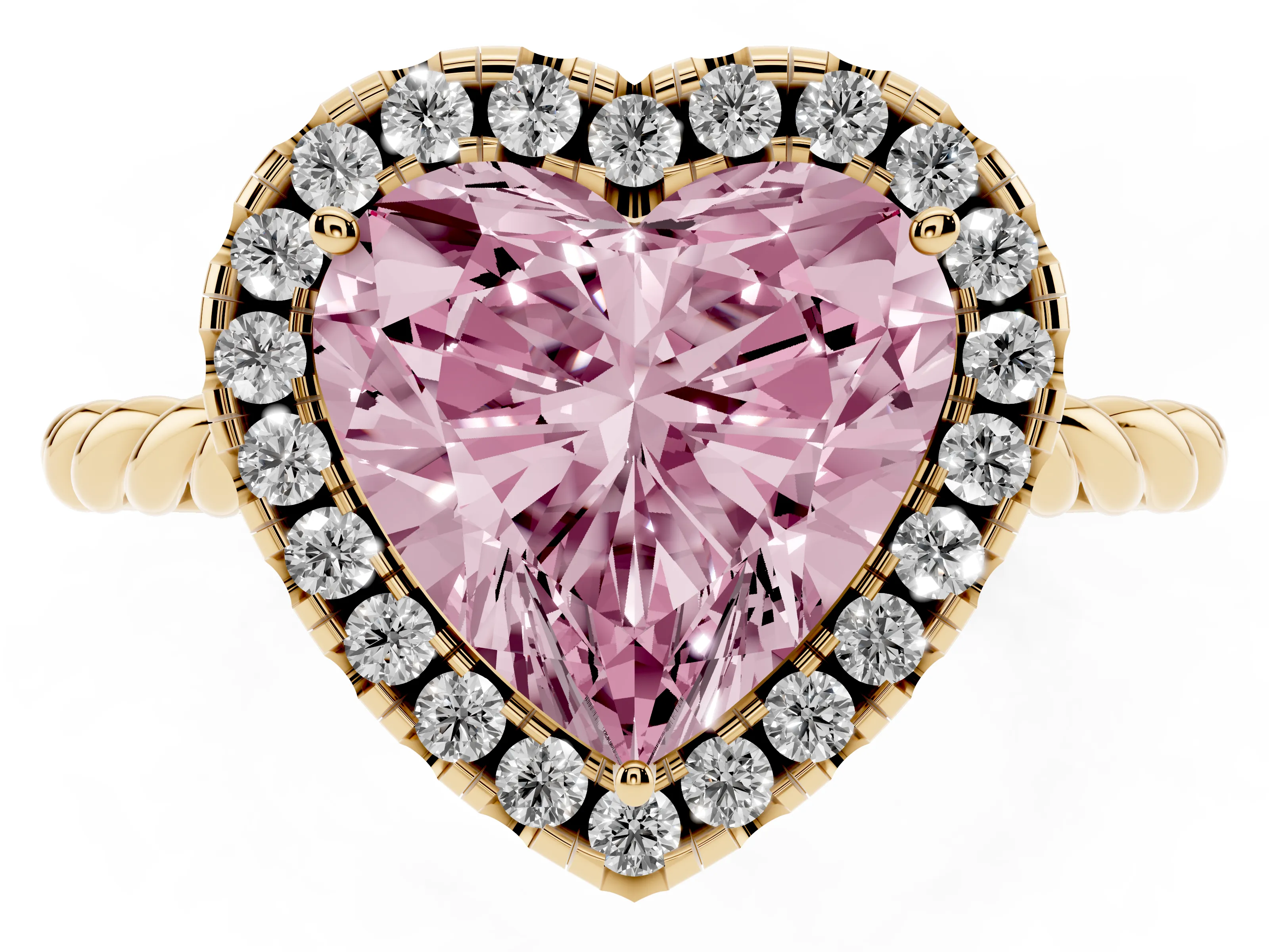 Fancy Pink Heart Cut Diamond Halo Ring Set in Yellow gold with Plain Twisted Band