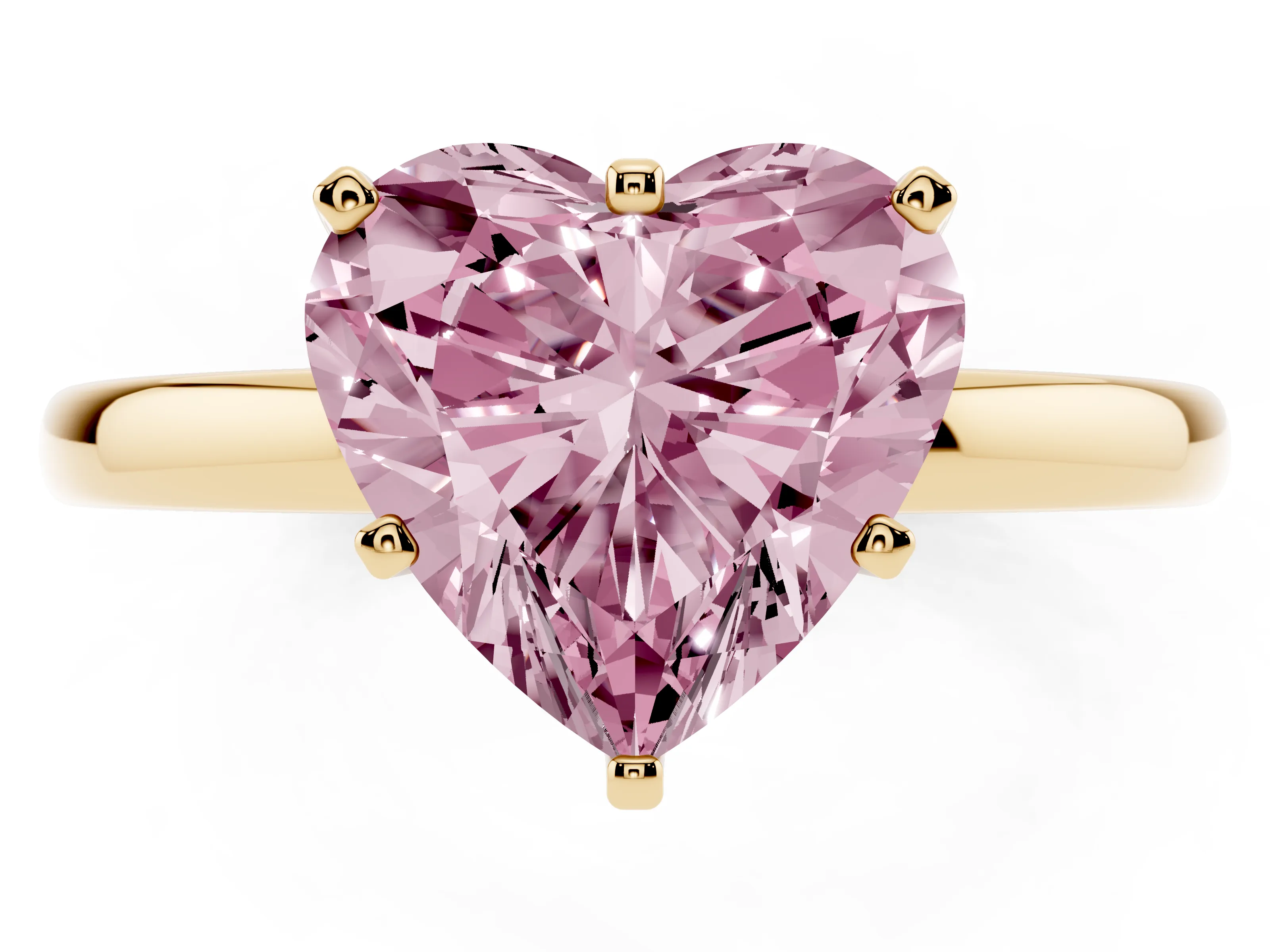 Fancy Pink Heart Cut Diamond Solitaire Ring Set in Yellow gold with Raised Prong Setting on a Classic Band
