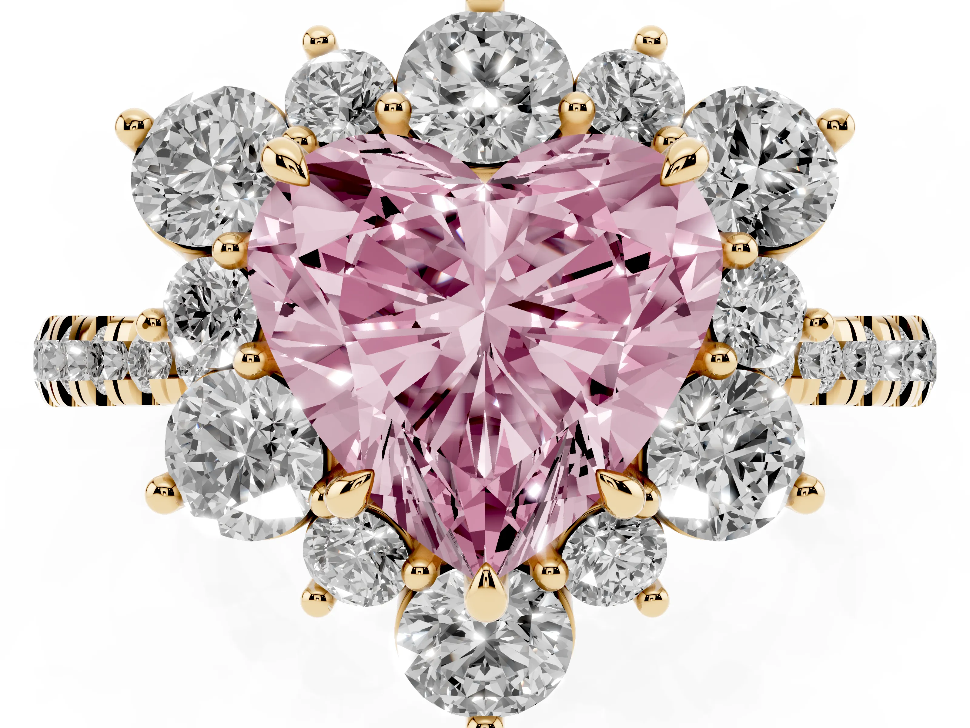 Fancy Pink Heart Cut Diamond Floral Halo Ring Set in Yellow gold with Round Pavé Band and Prong Setting