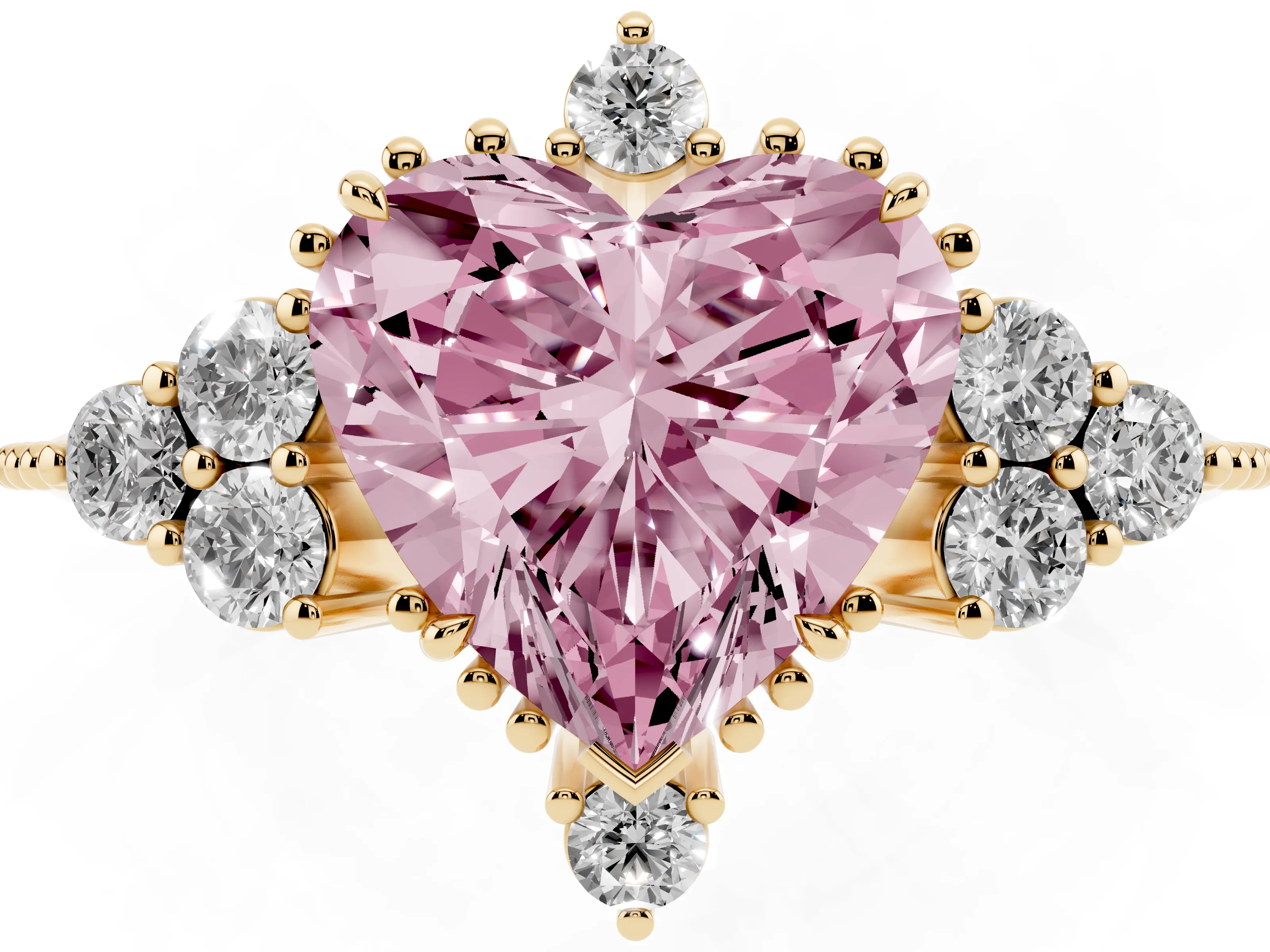 Fancy Pink Heart Cut Diamond Cluster Ring Set in Yellow gold with Beaded Band
