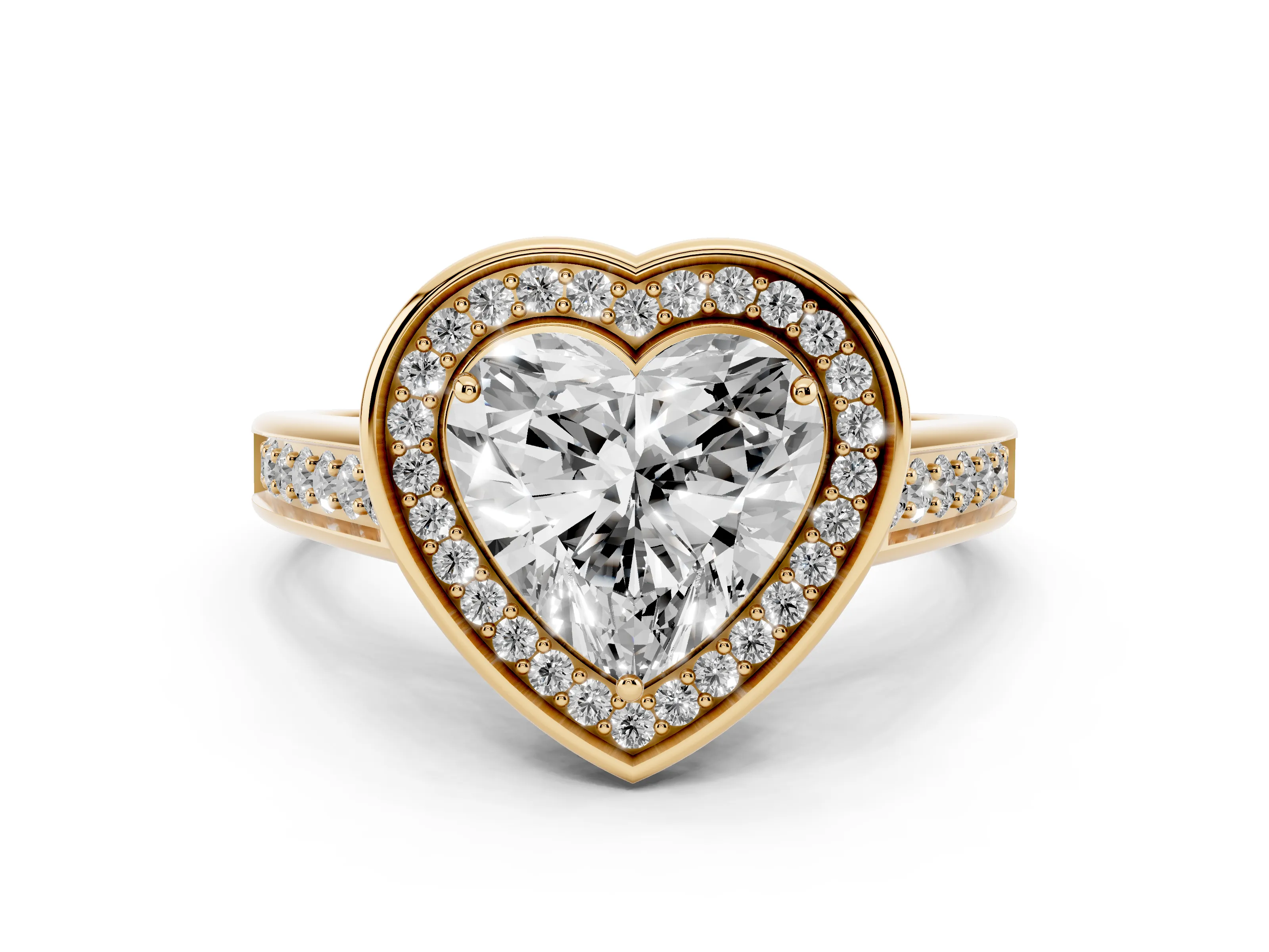 Heart Cut Diamond Halo Solitaire Ring Set in Yellow gold with Pavé Band and Bezel Setting