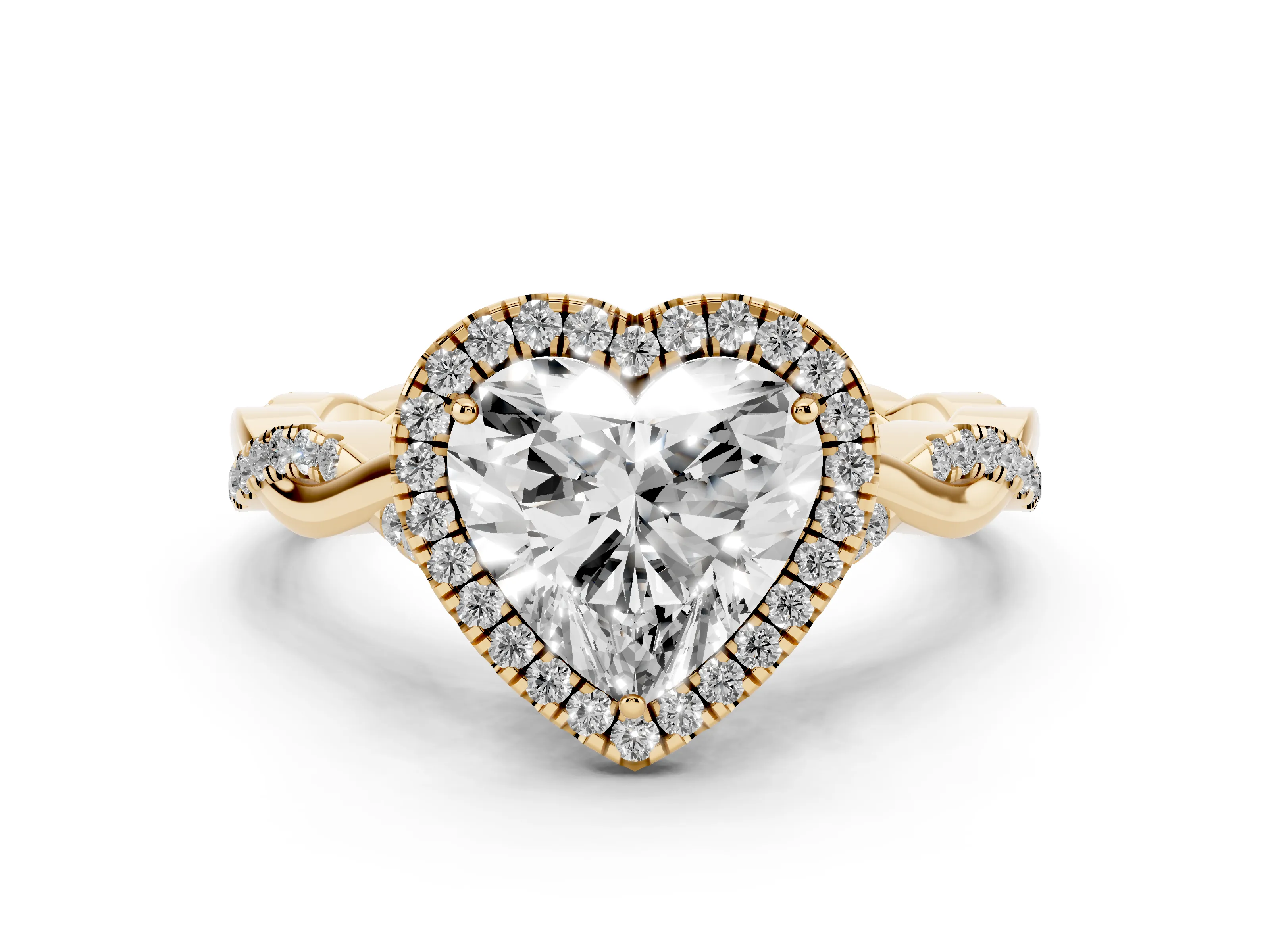 Heart Cut Diamond Halo Twist Band Solitaire Ring Set in Yellow gold with Prong Setting