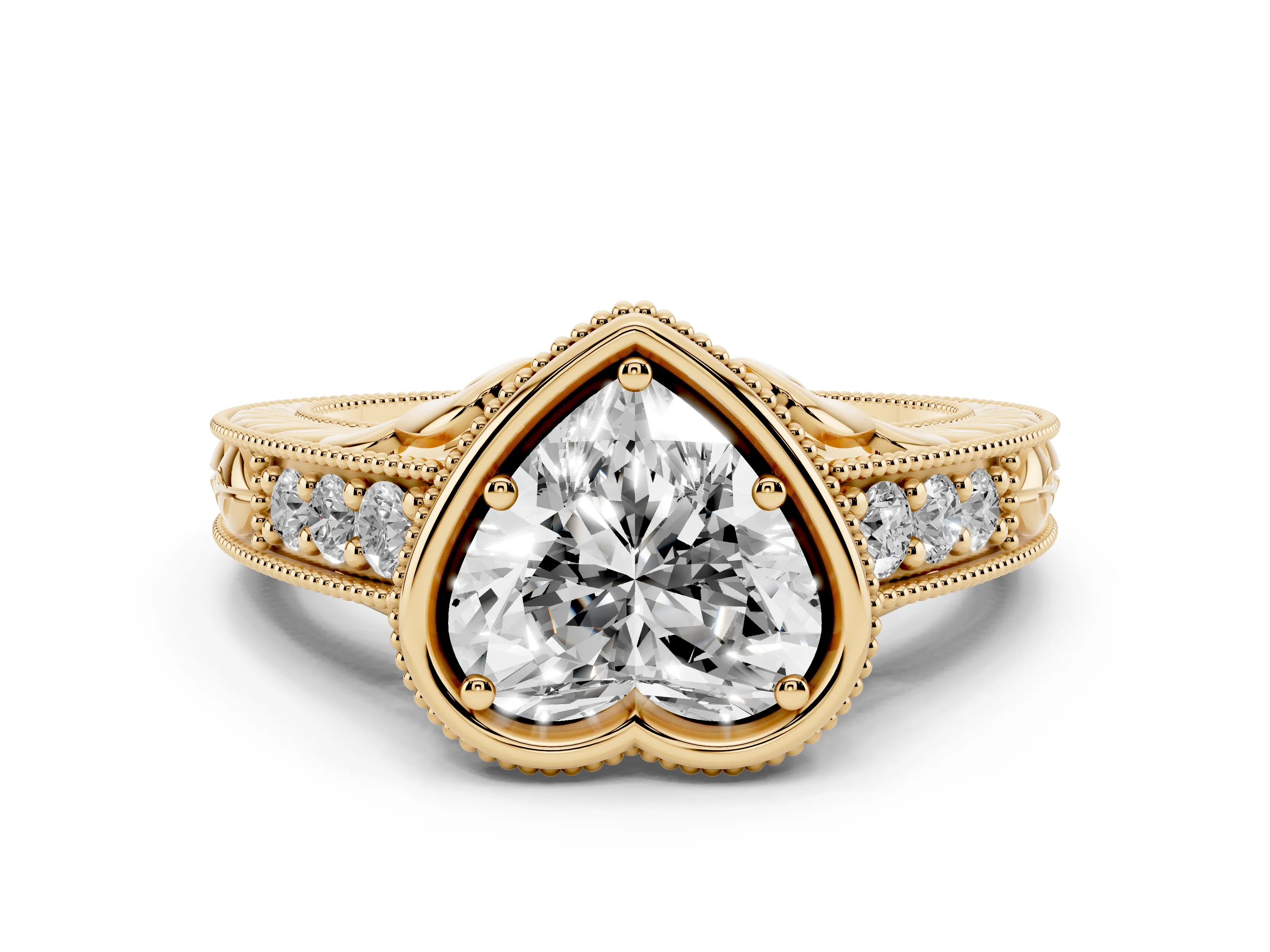 Bezel Set Heart Cut Diamond Milgrain Pavé Engagement Ring Set in Yellow gold