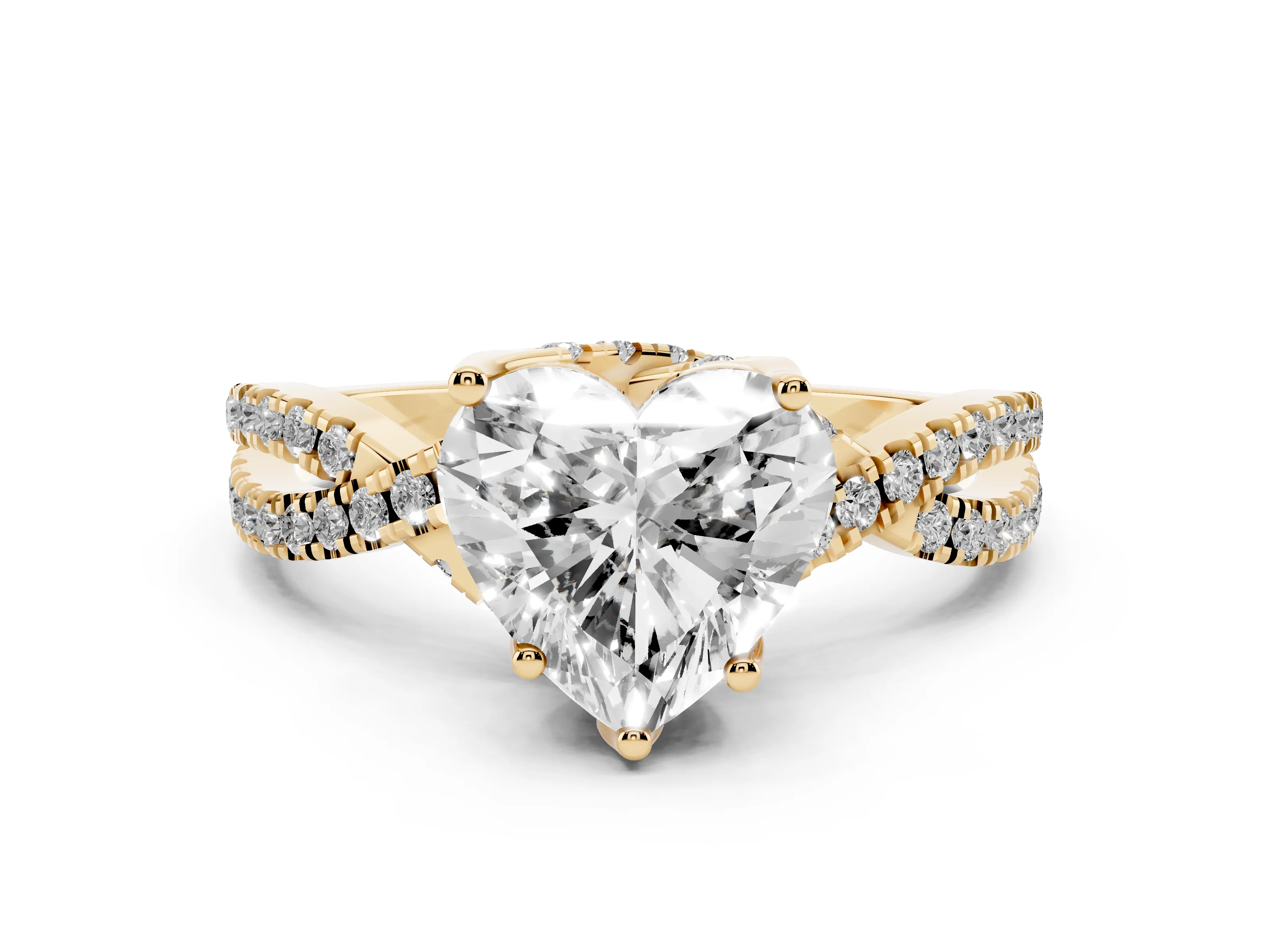 Heart Cut Diamond Twist Pavé Solitaire Engagement Ring Set in Yellow gold with Prong Setting