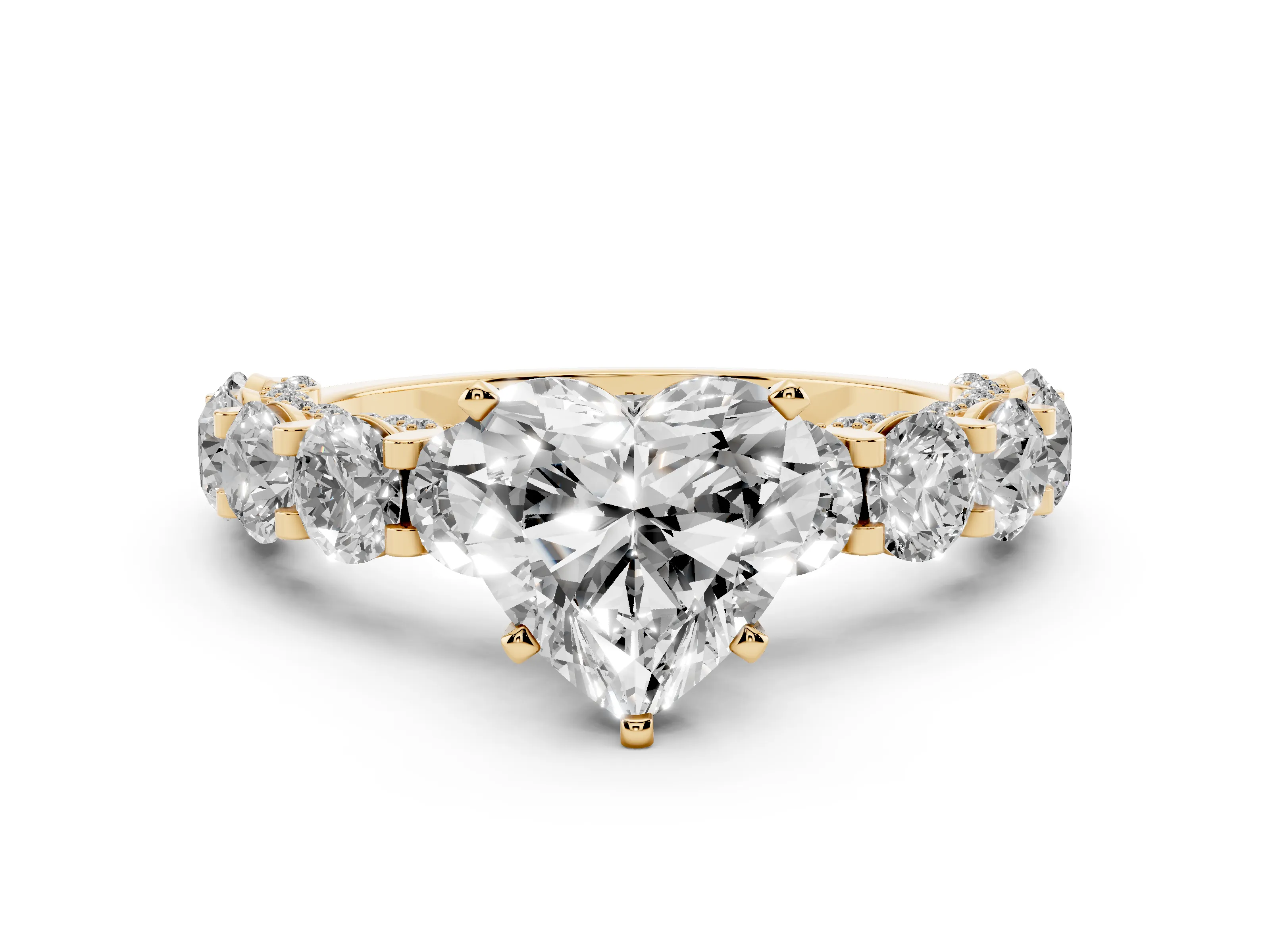 Heart Cut Diamond Side Stone Ring Set in Yellow gold with Alternating Round and Oval Side Stones